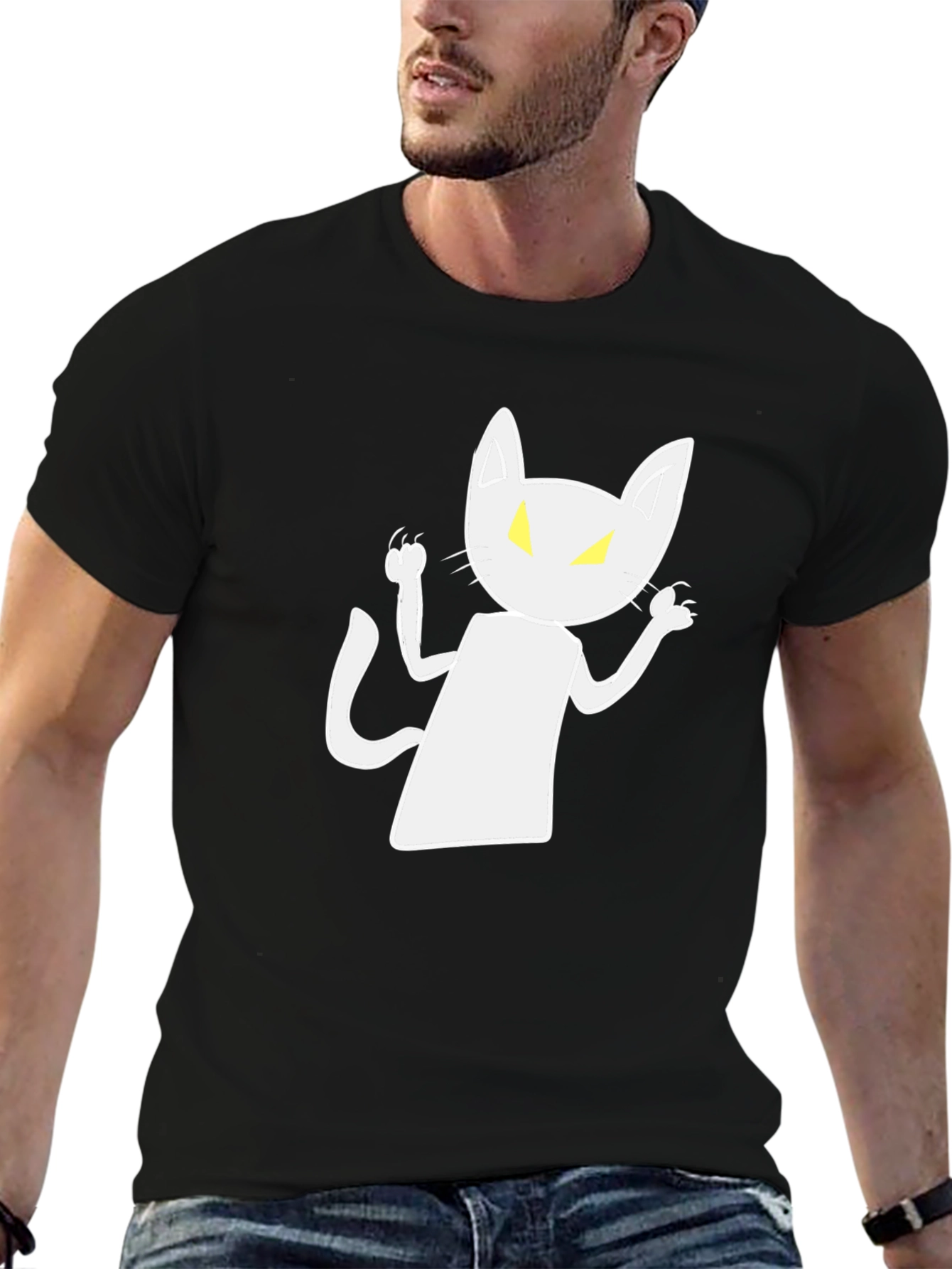 Spooky Cat Graphic Tee - Black Cotton Shirt