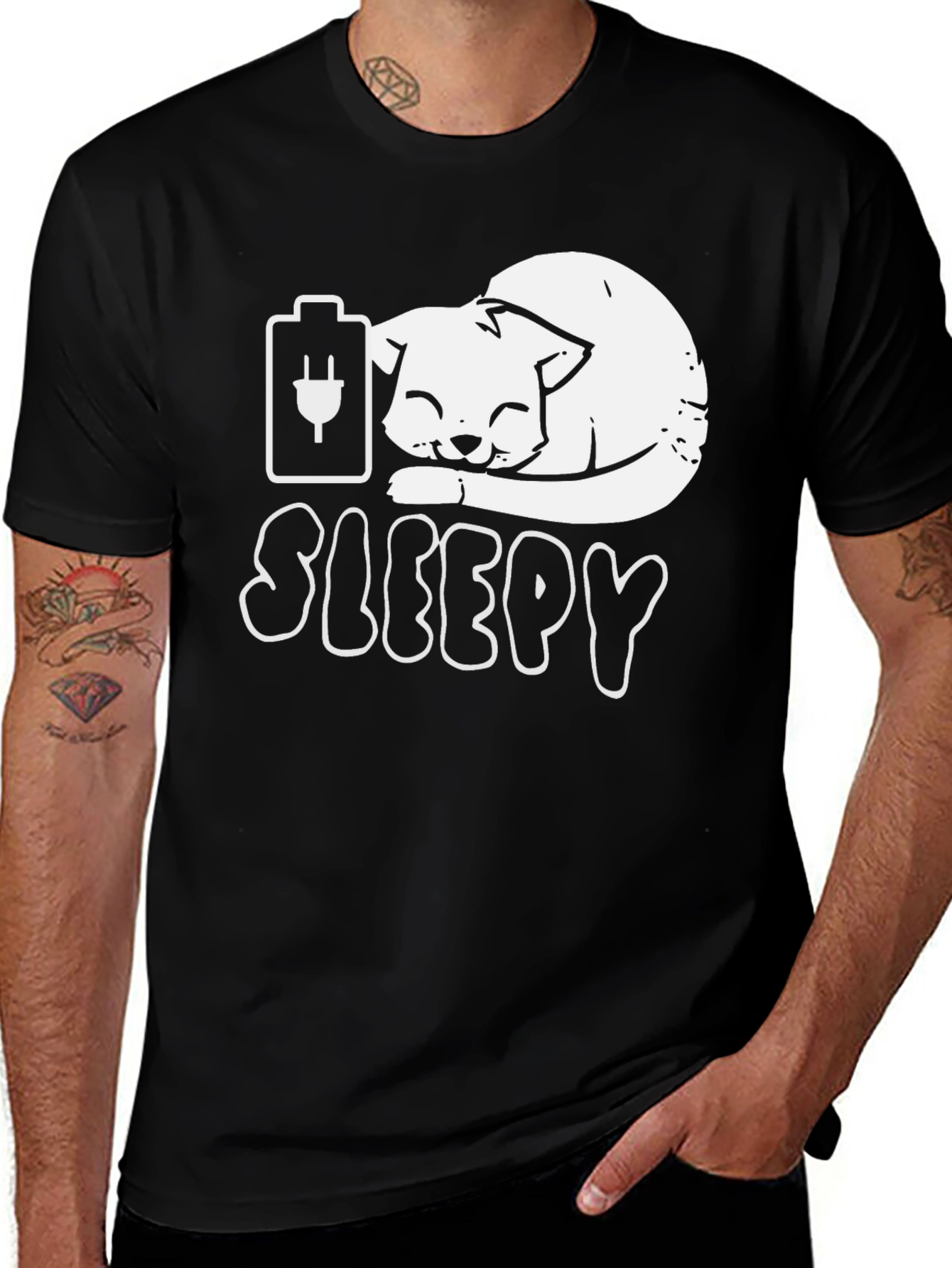 Sleepy Cat Battery T-Shirt - Funny Graphic Tee