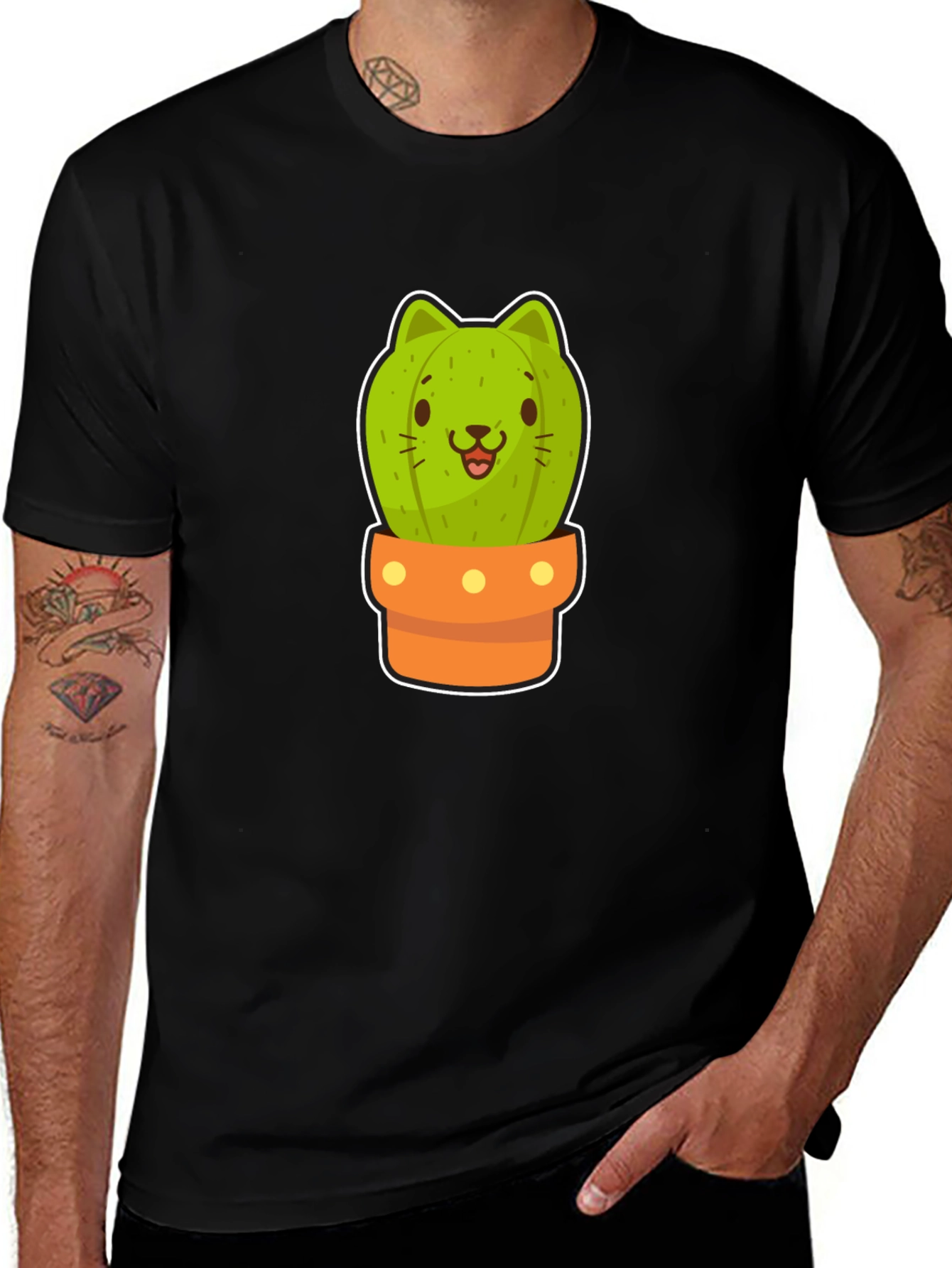 Cute Cactus Cat Graphic Black Tee