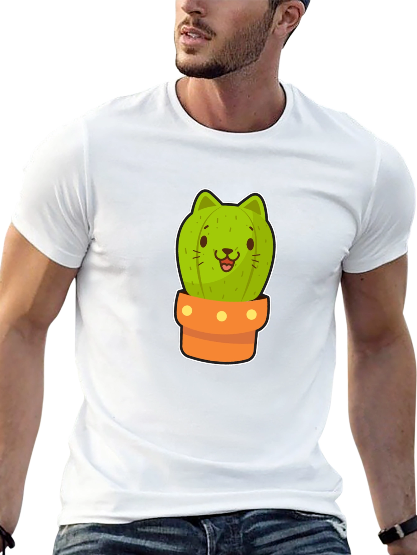 Cute Cactus Cat Graphic Black Tee