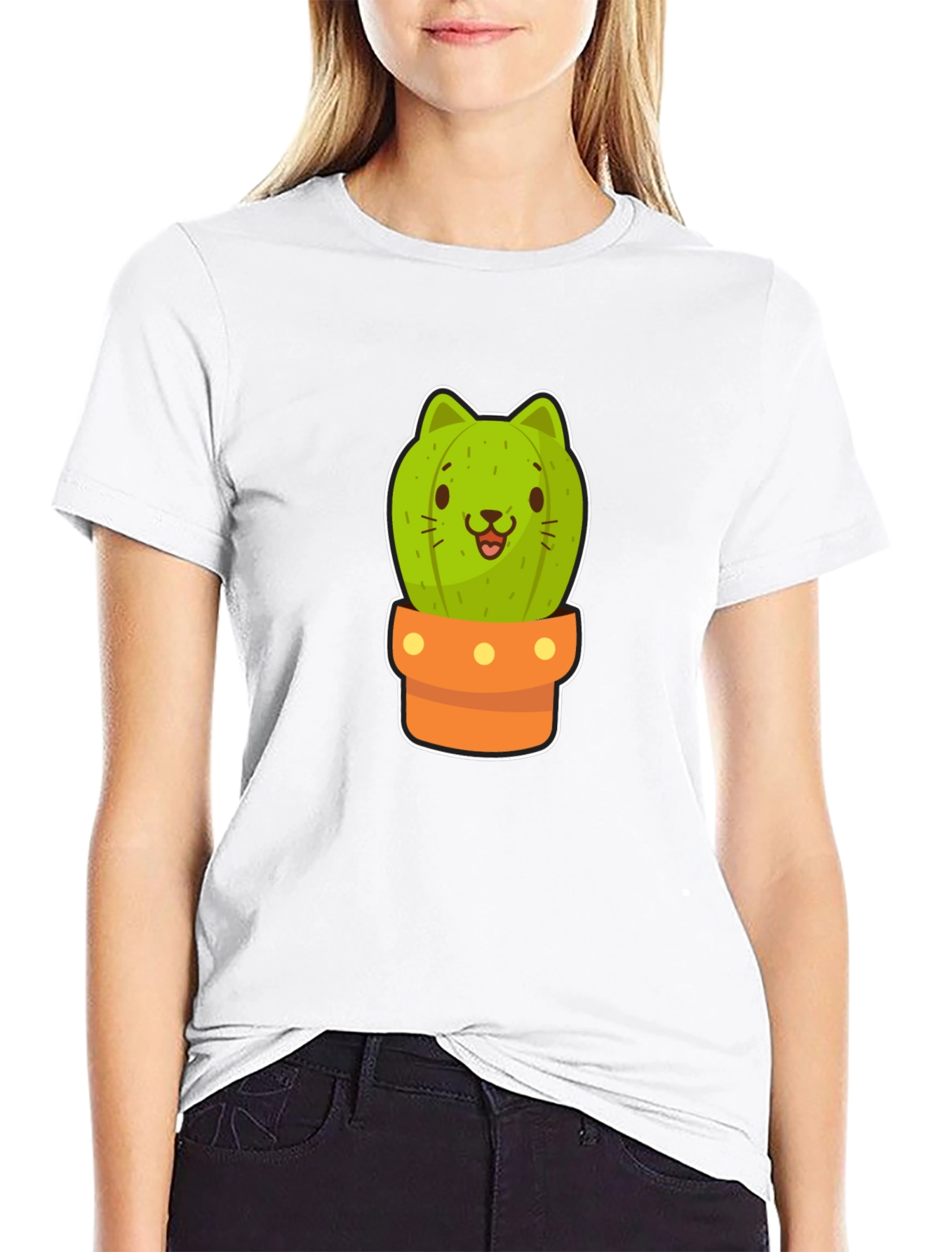Cute Cactus Cat Graphic Black Tee