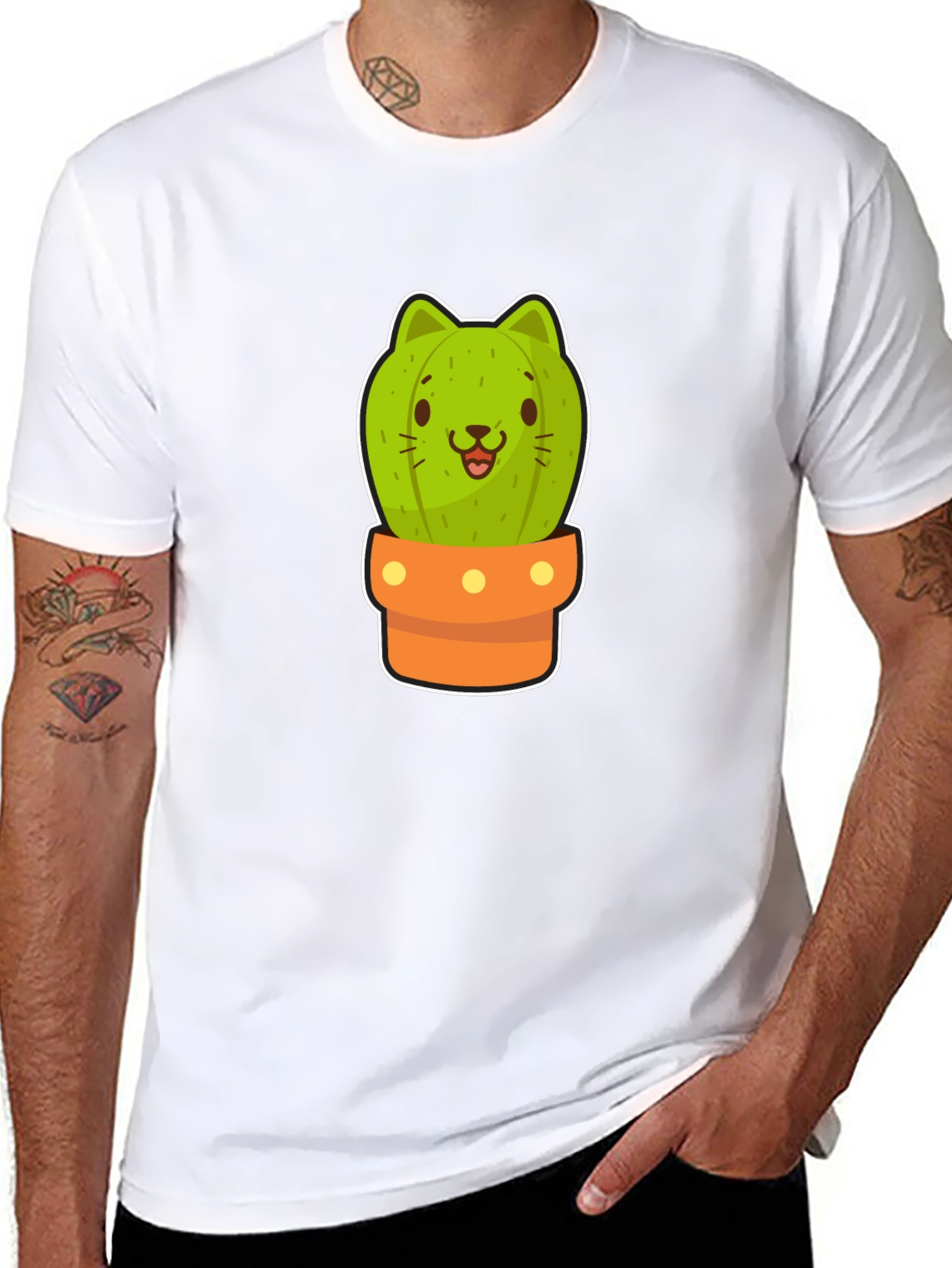 Cute Cactus Cat Graphic Black Tee