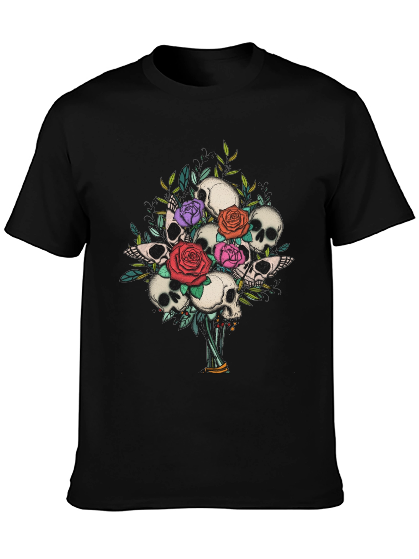 Skull & Roses Bouquet Graphic Tee - Gothic Style