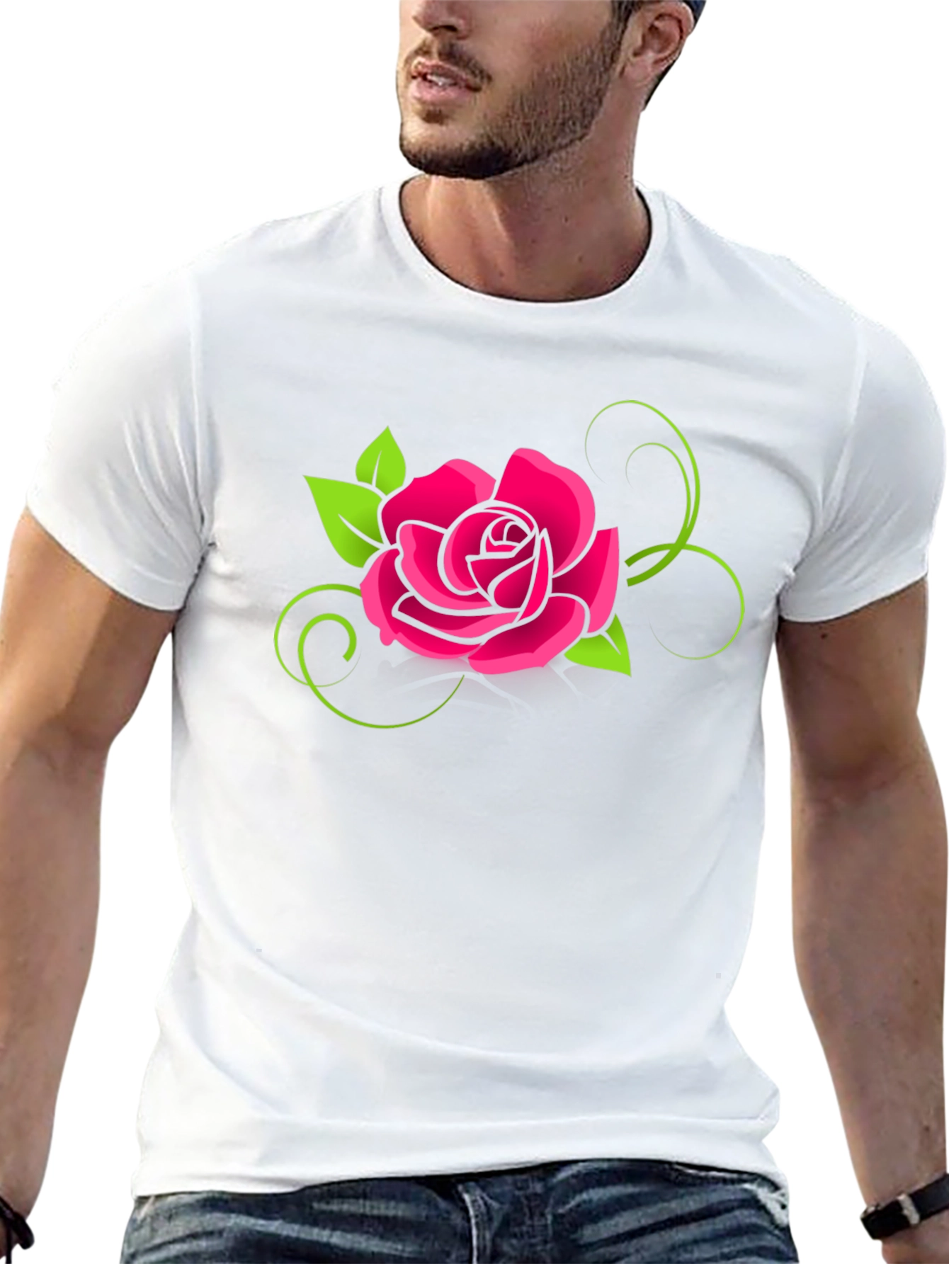 Black T-Shirt with Pink Rose Design