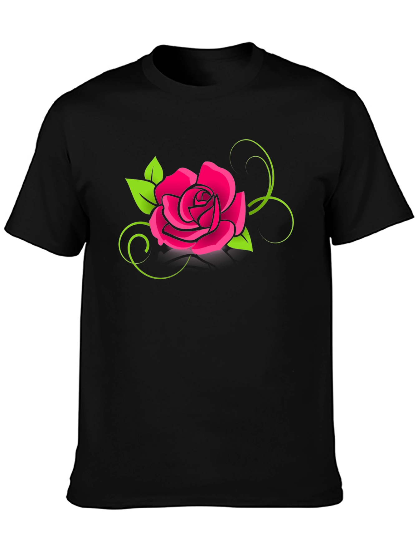 Black T-Shirt with Pink Rose Design