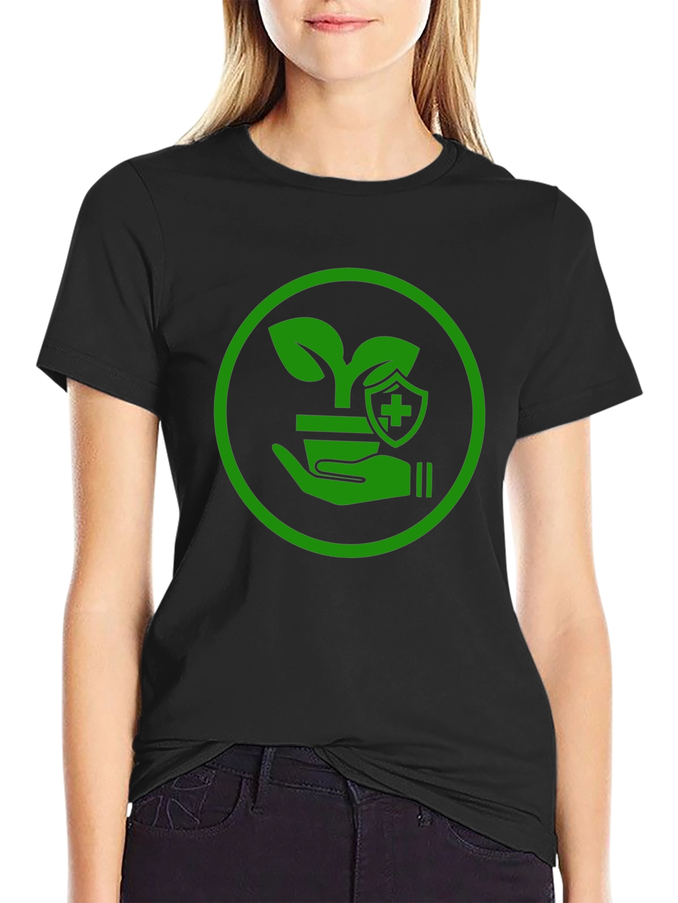Green Plant Shield Graphic Black T-Shirt
