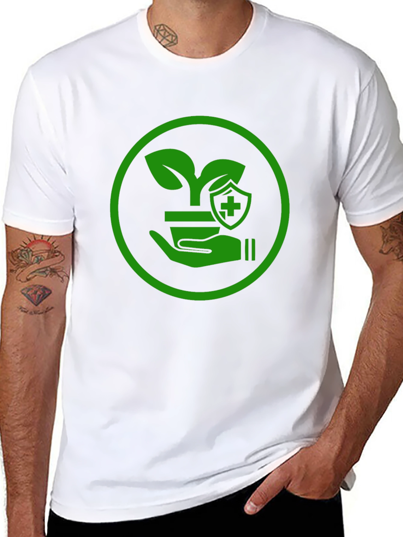 Green Plant Shield Graphic Black T-Shirt