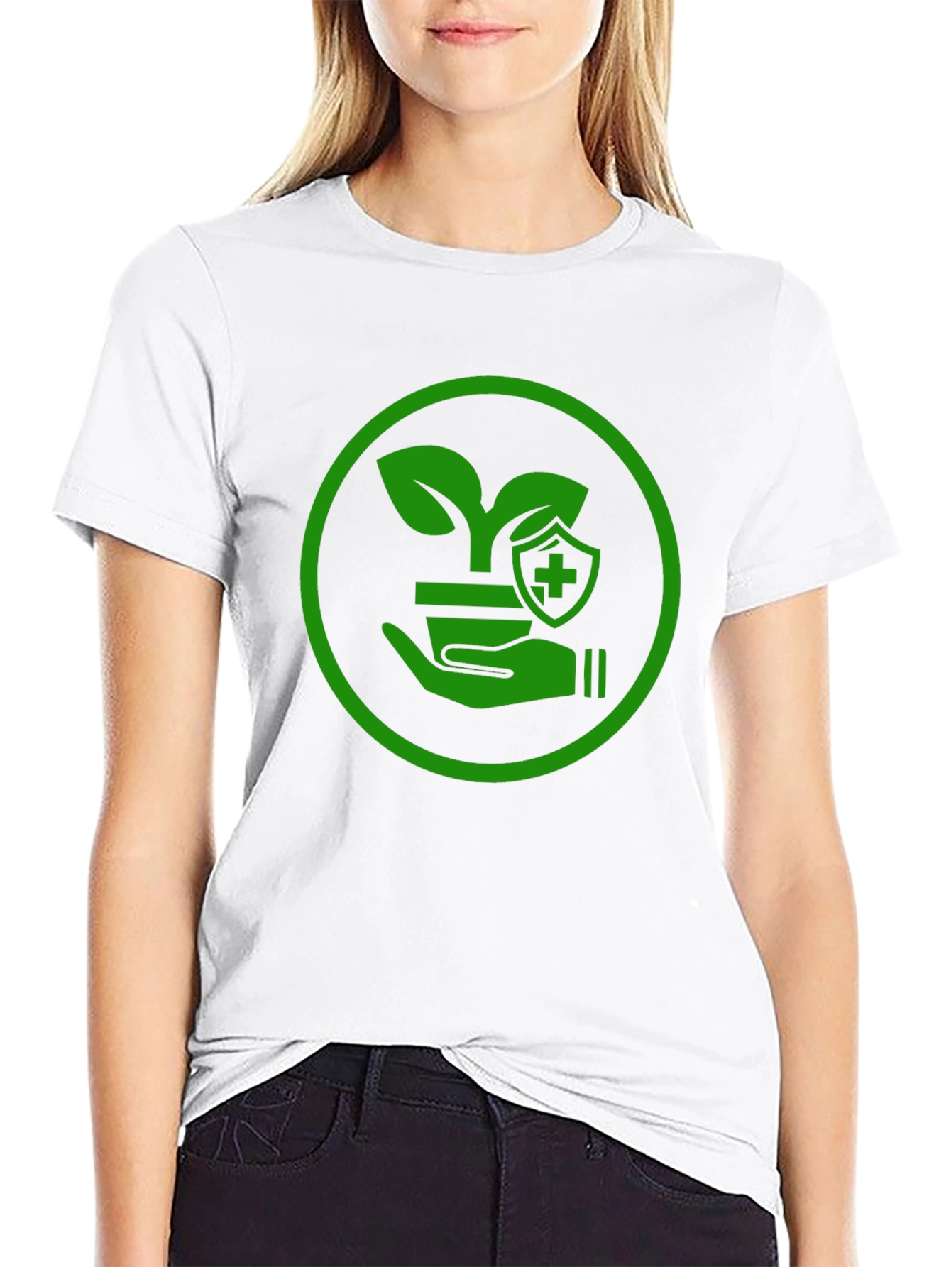 Green Plant Shield Graphic Black T-Shirt