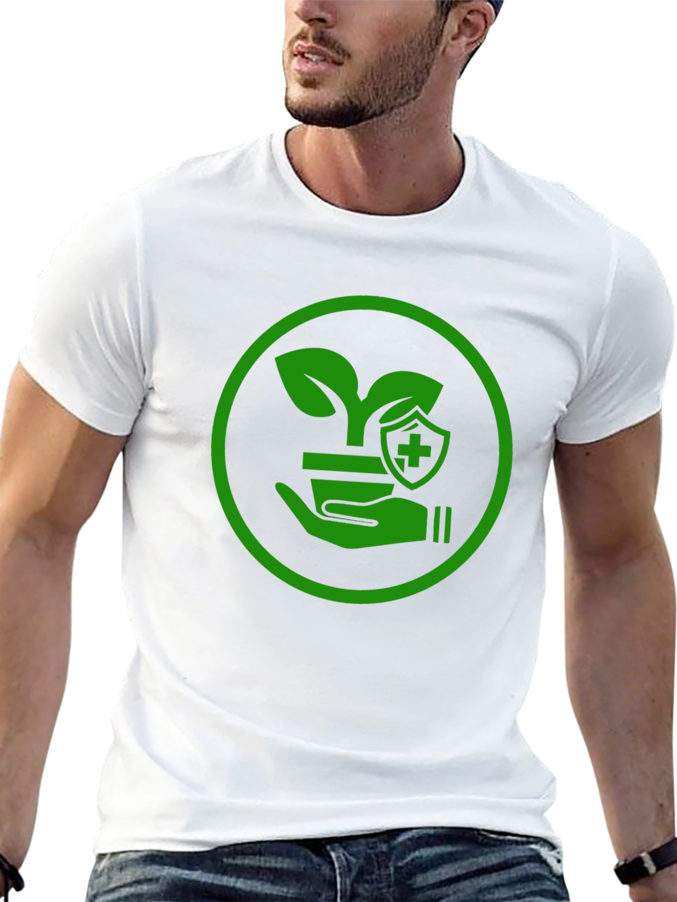 Green Plant Shield Graphic Black T-Shirt