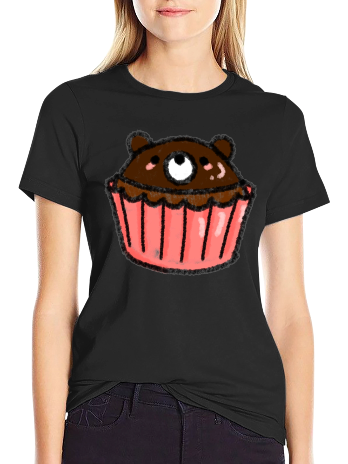 Bear Cupcake Graphic Tee - Black Cotton T-Shirt