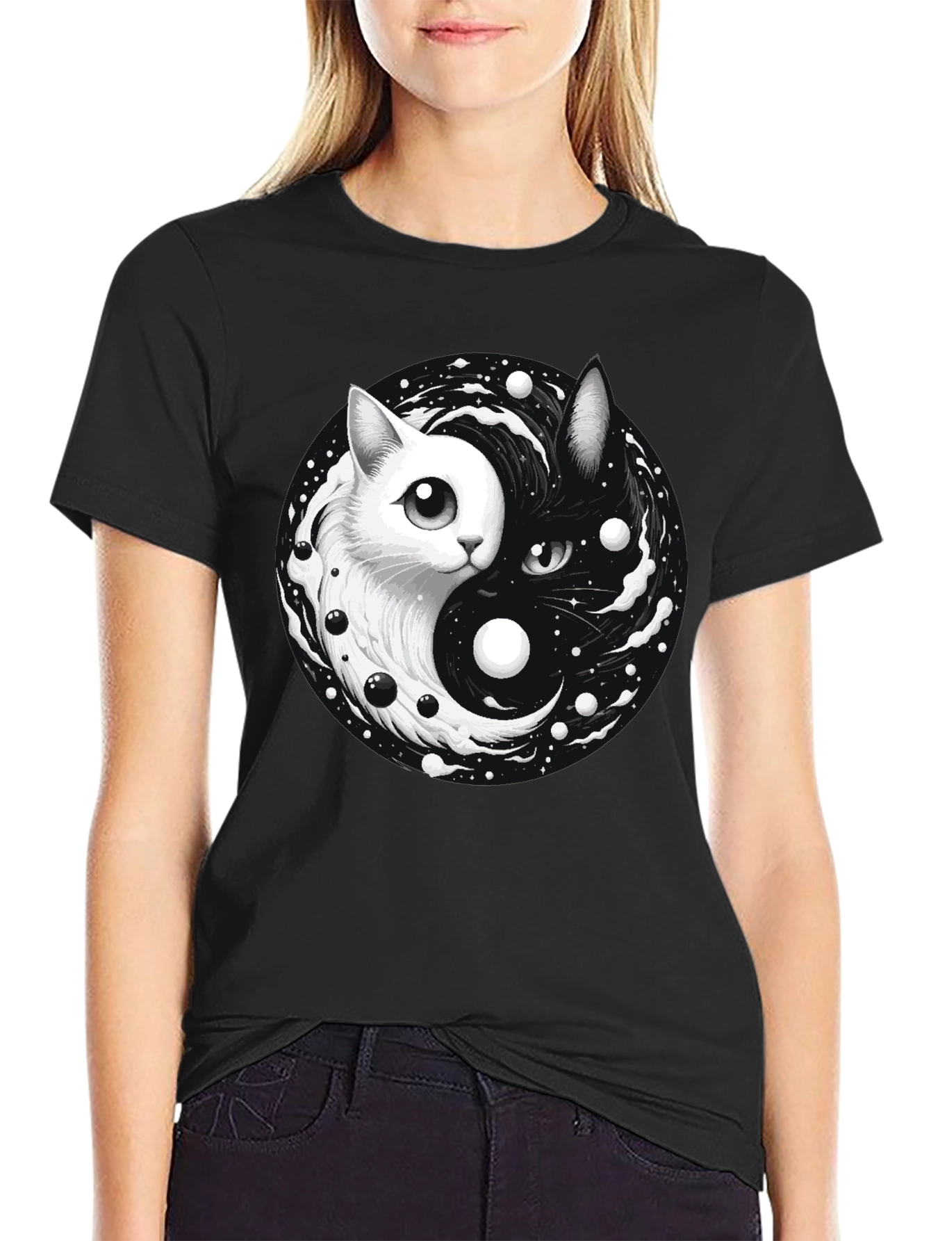 Yin Yang Cat Graphic T-Shirt - Balance & Style