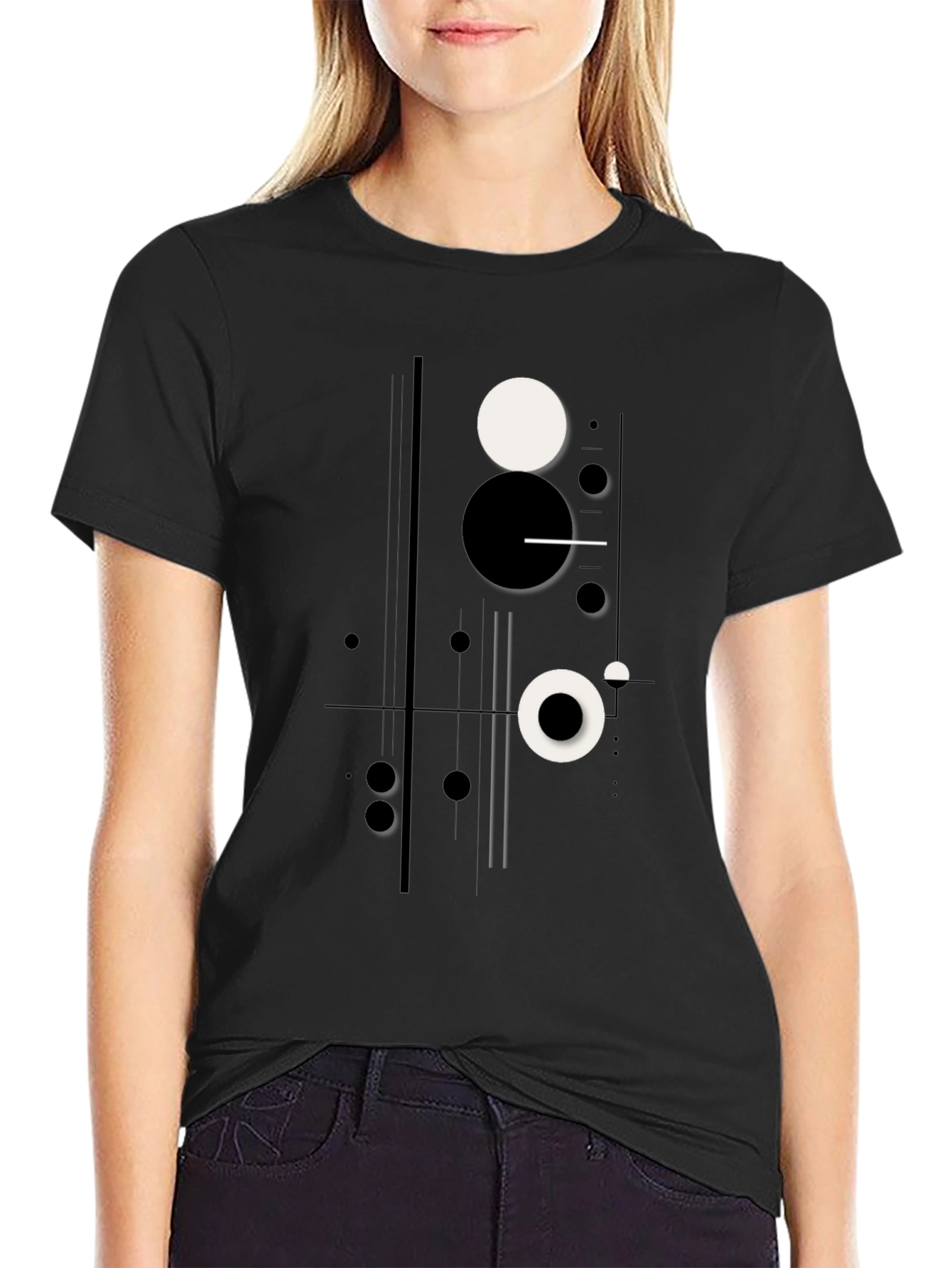 Abstract Geometric Circle Print Black T-Shirt