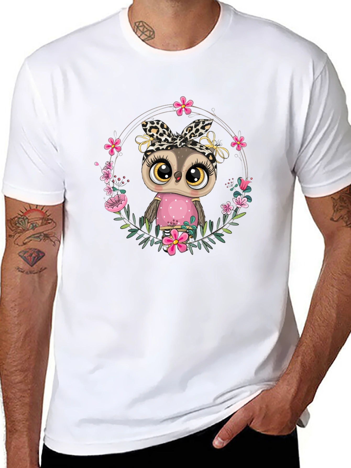Cute Owl in Floral Wreath Graphic Tee