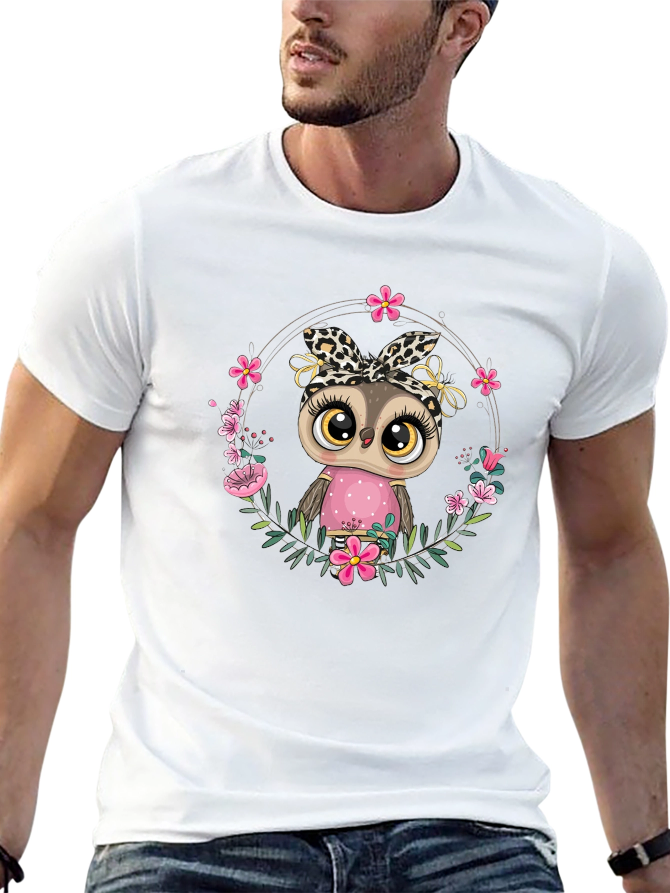 Cute Owl in Floral Wreath Graphic Tee