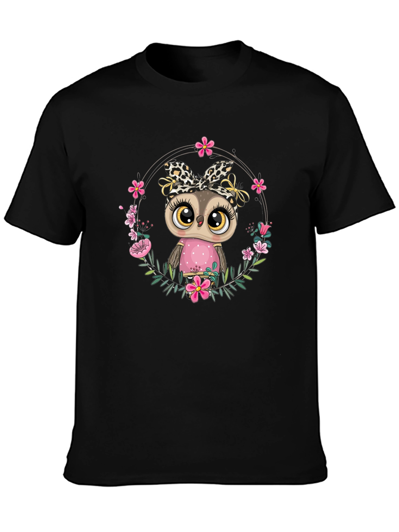 Cute Owl in Floral Wreath Graphic Tee