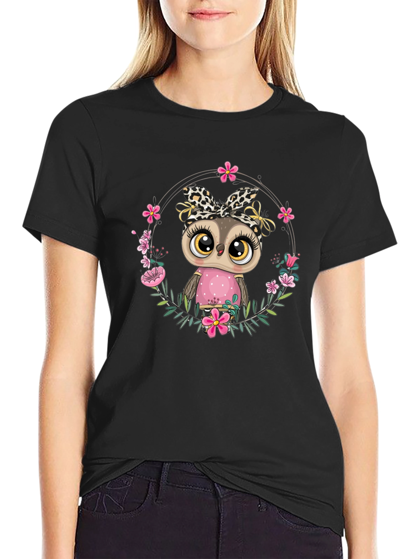 Cute Owl in Floral Wreath Graphic Tee