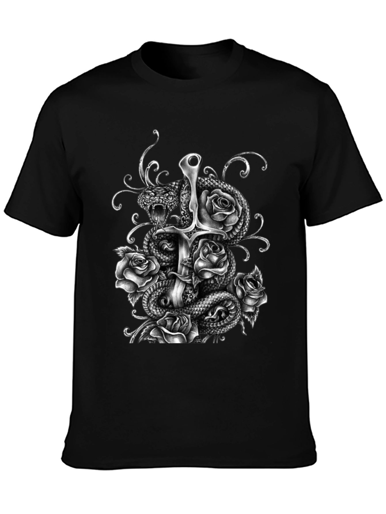 Snake Sword and Roses Graphic T-Shirt