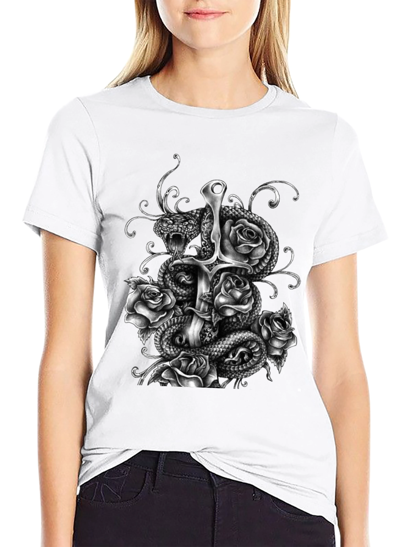 Snake Sword and Roses Graphic T-Shirt