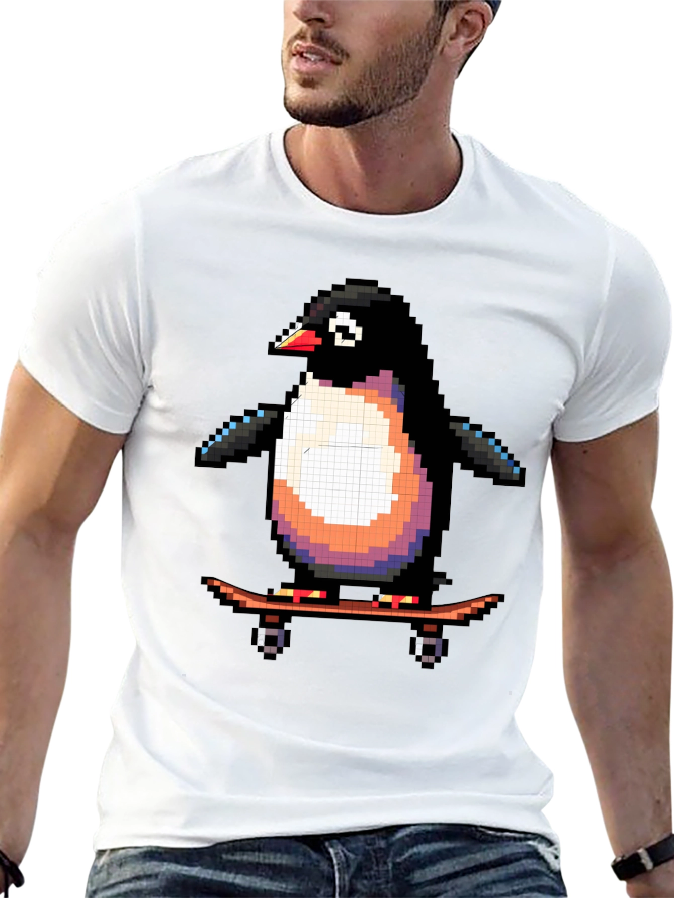 Pixel Penguin Skateboard T-Shirt - Cool Black Tee