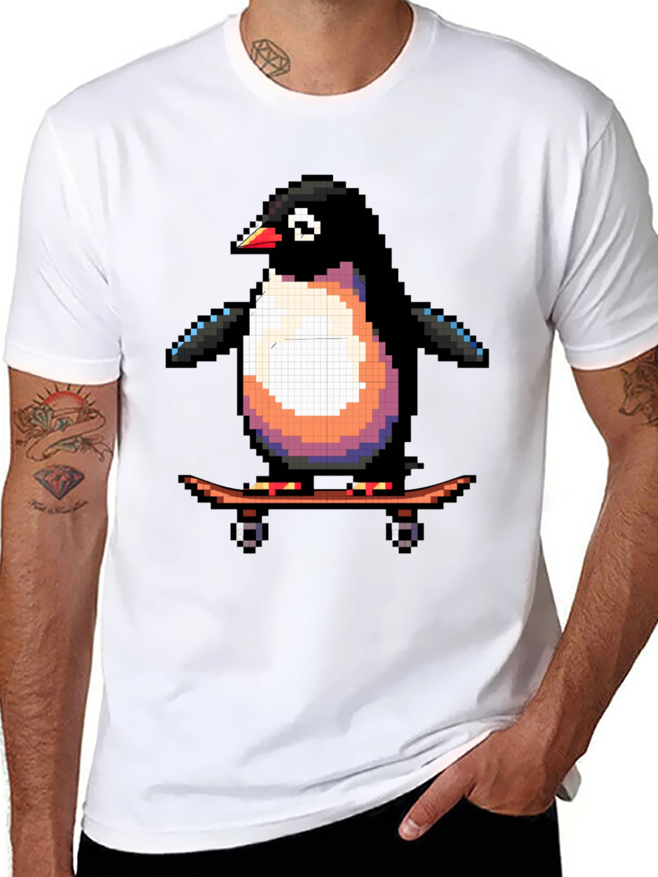Pixel Penguin Skateboard T-Shirt - Cool Black Tee