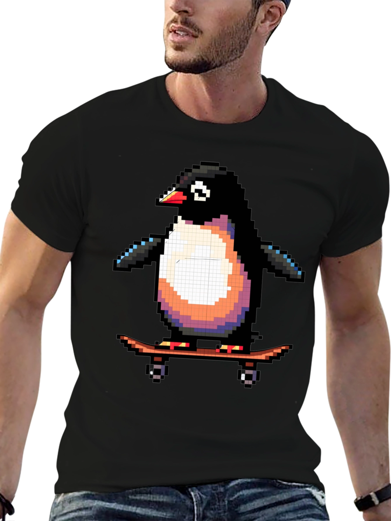 Pixel Penguin Skateboard T-Shirt - Cool Black Tee
