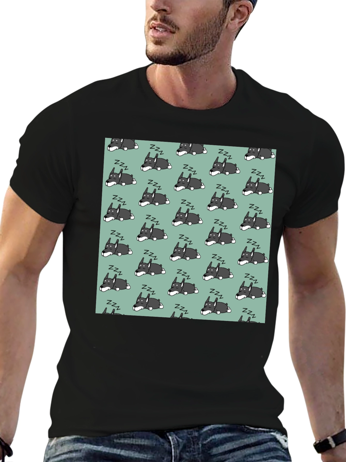 Sleeping Dog Pattern T-Shirt - Black