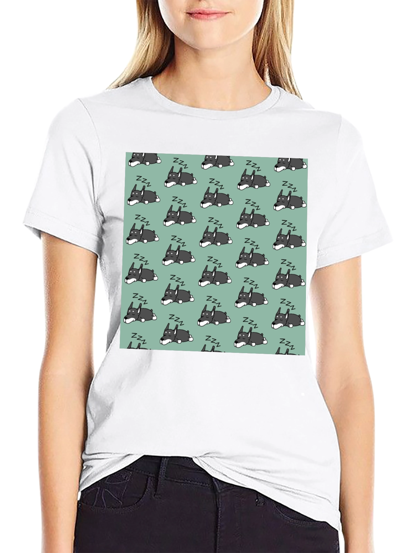 Sleeping Dog Pattern T-Shirt - Black