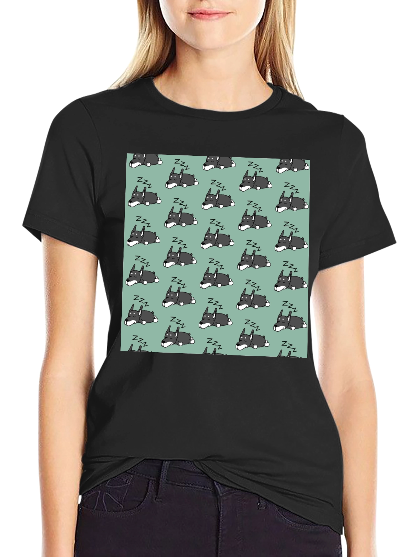 Sleeping Dog Pattern T-Shirt - Black
