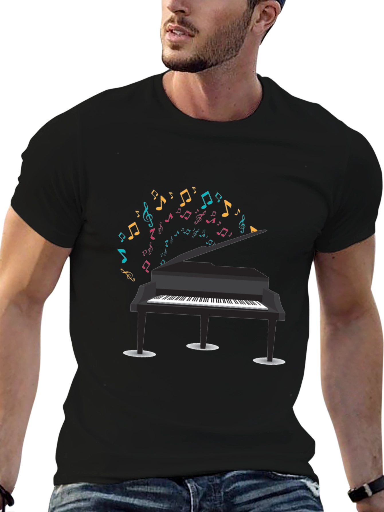 Piano Music Notes Graphic Black T-Shirt