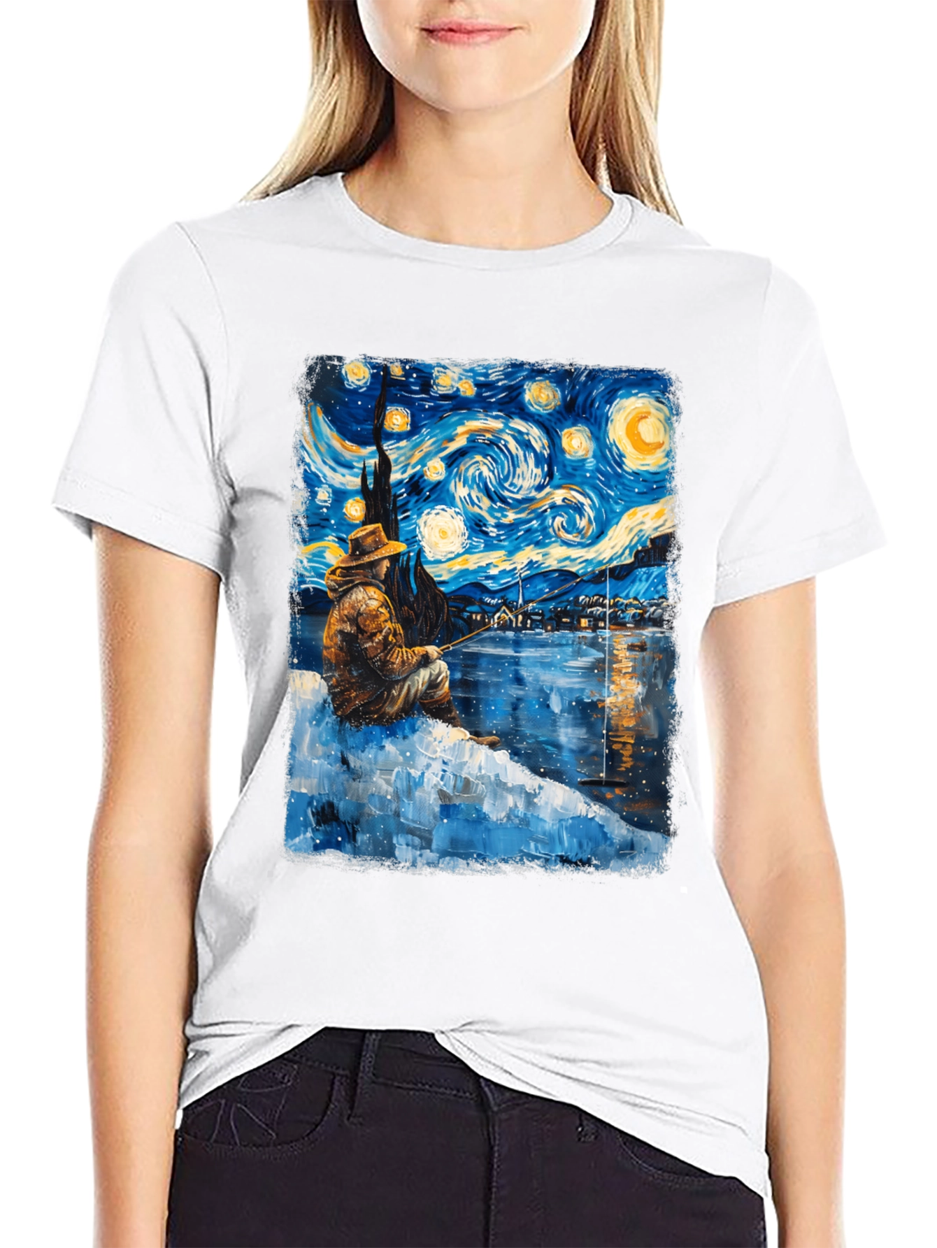 Starry Night Fisherman Graphic T-Shirt