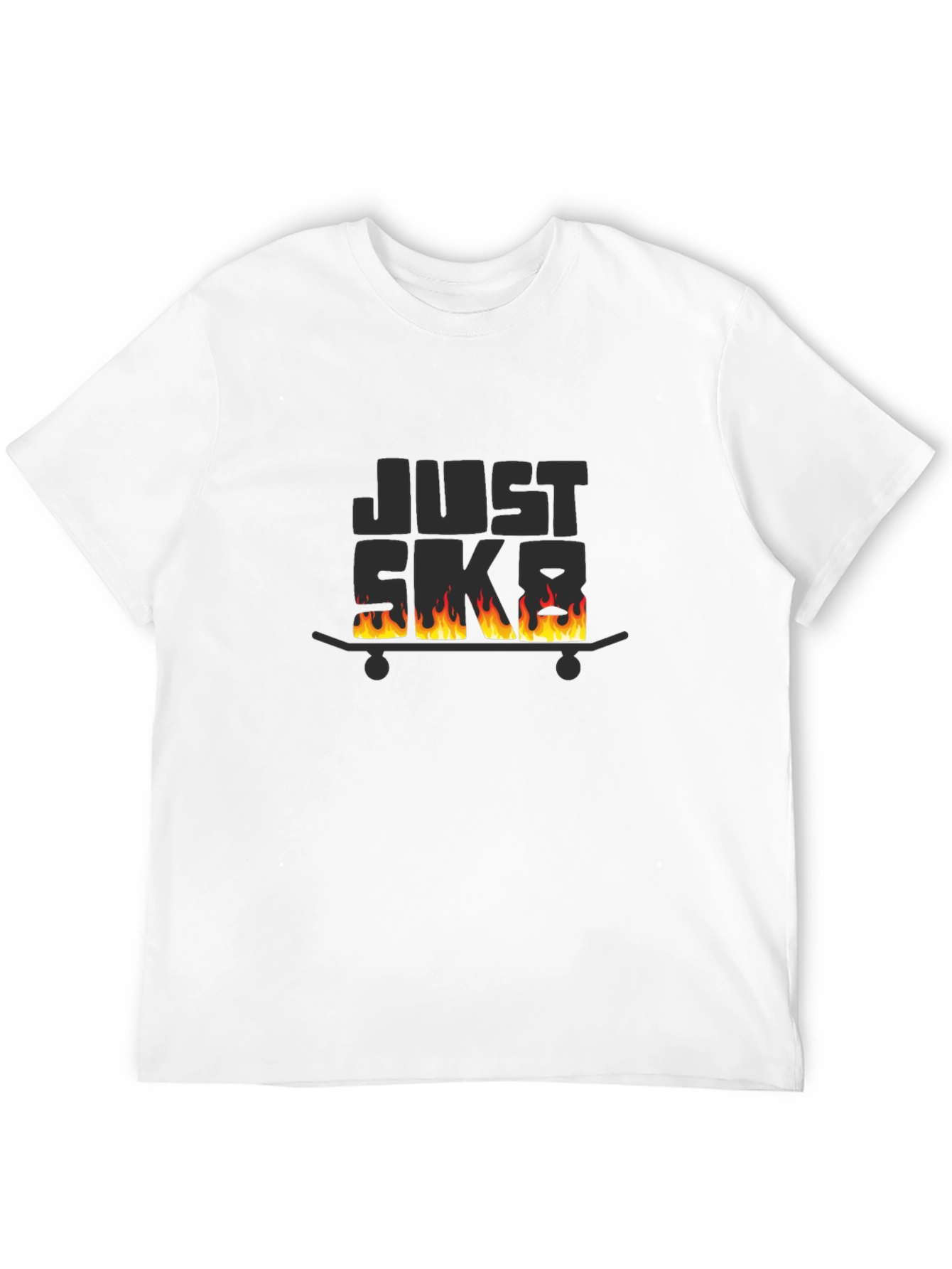Just Skate Black T-Shirt with Burning Skateboard Design
