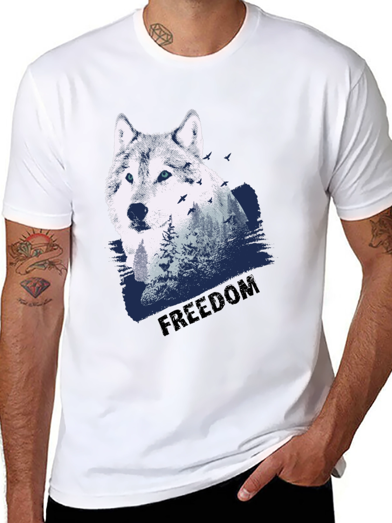 Mens Black Wolf Graphic T-Shirt - Freedom Design