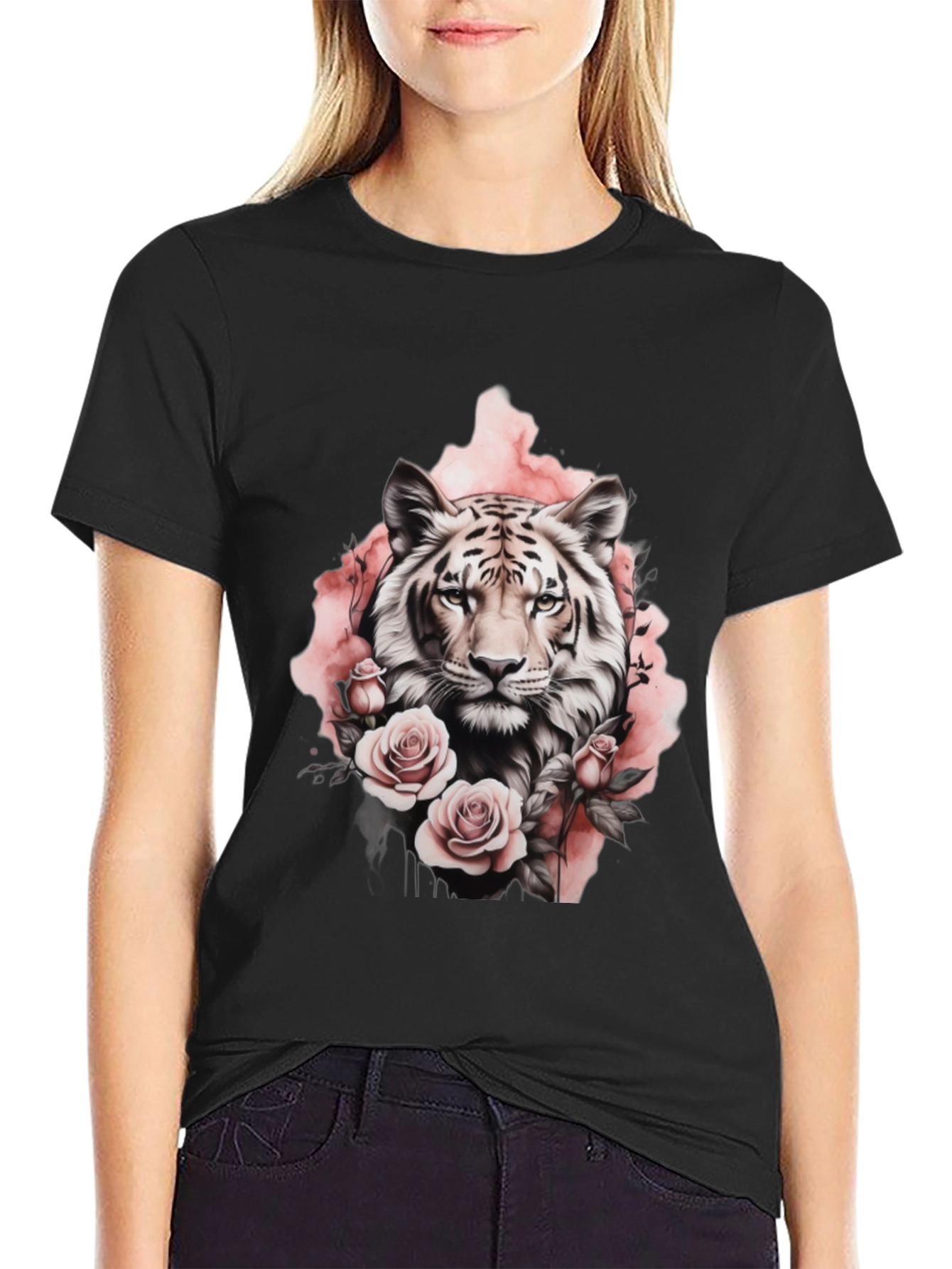 Floral Tiger Graphic Tee - Stylish Black T-Shirt