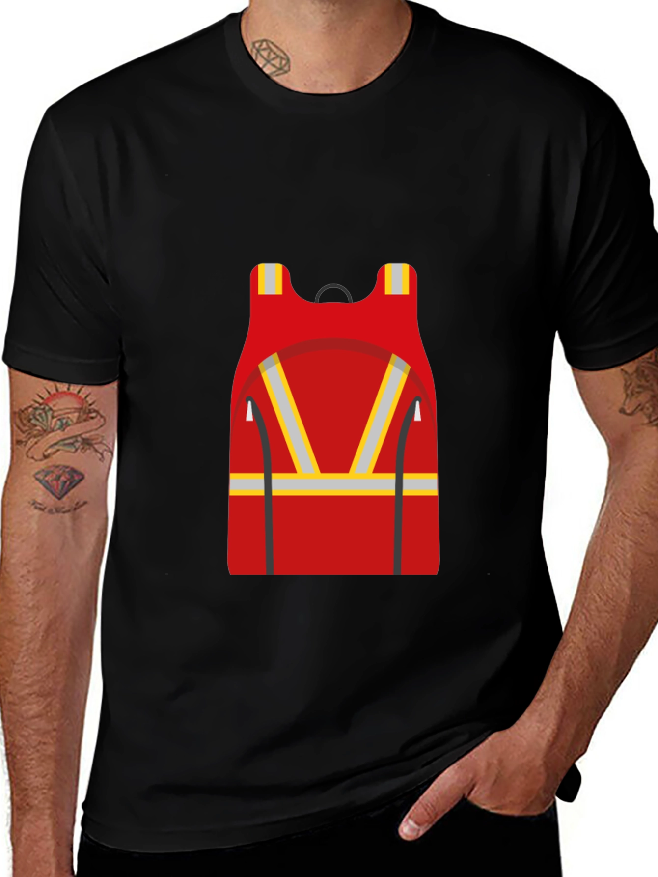 Red Safety Vest Graphic Black T-Shirt