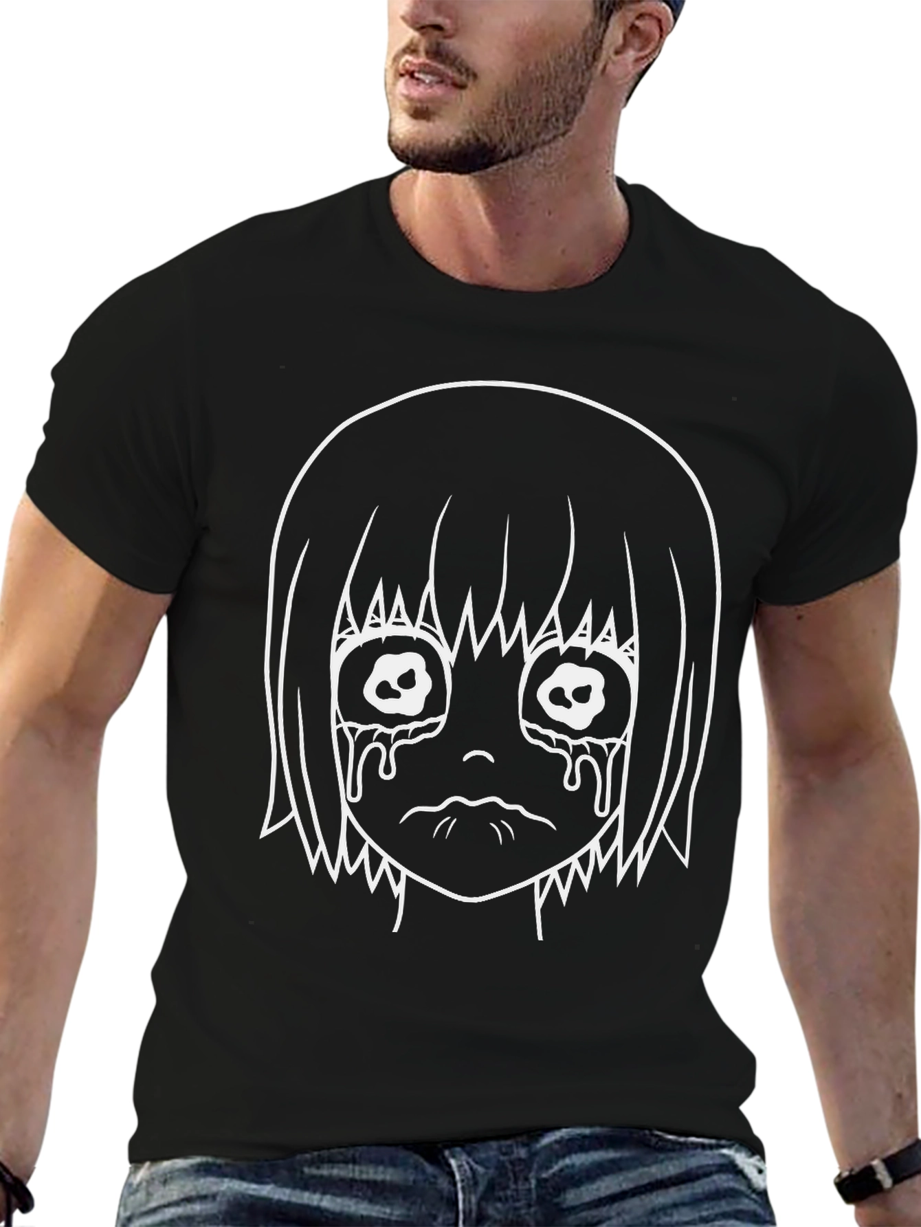 Crying Anime Girl Graphic Black T-Shirt