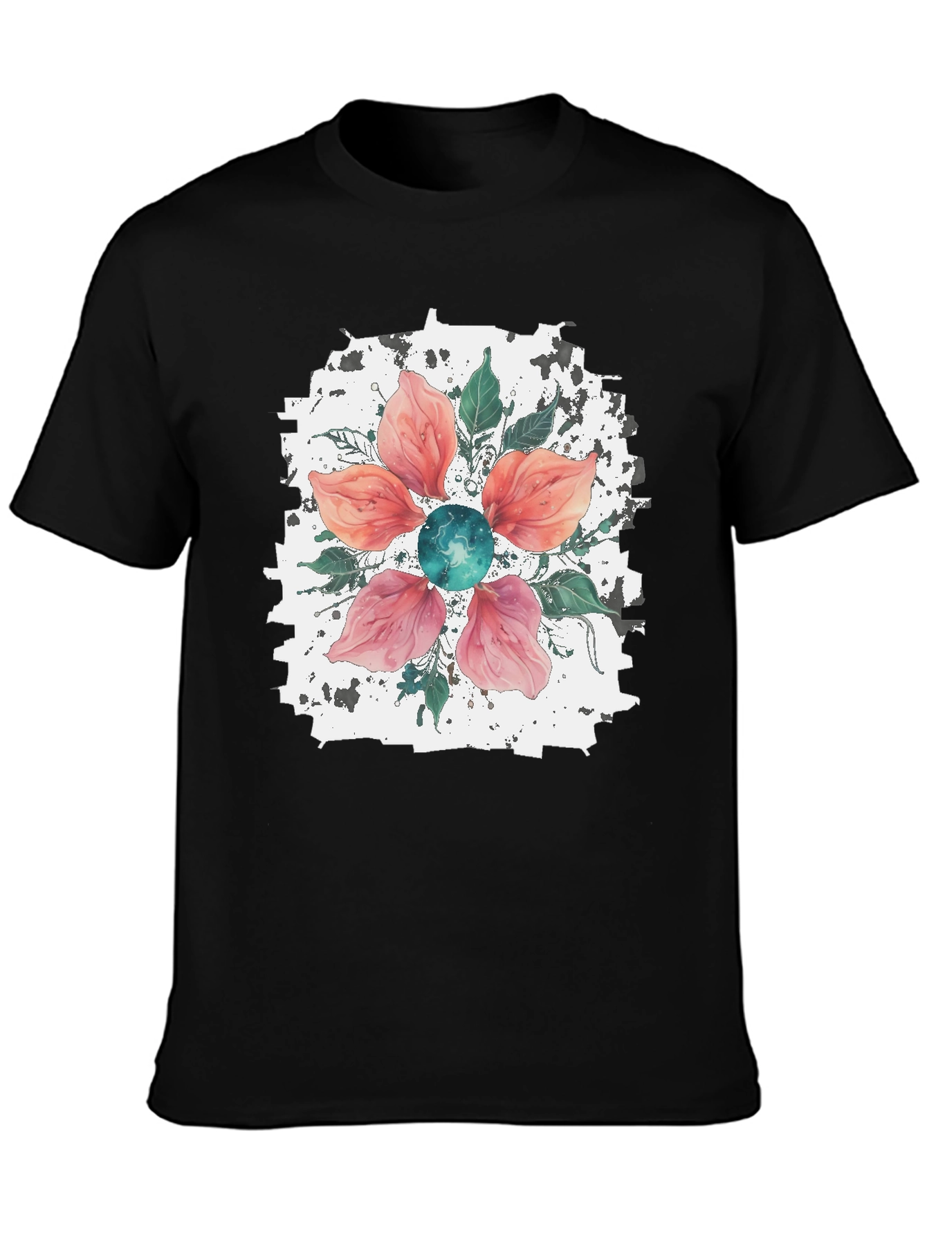 Floral Blossom Mens Black T-Shirt