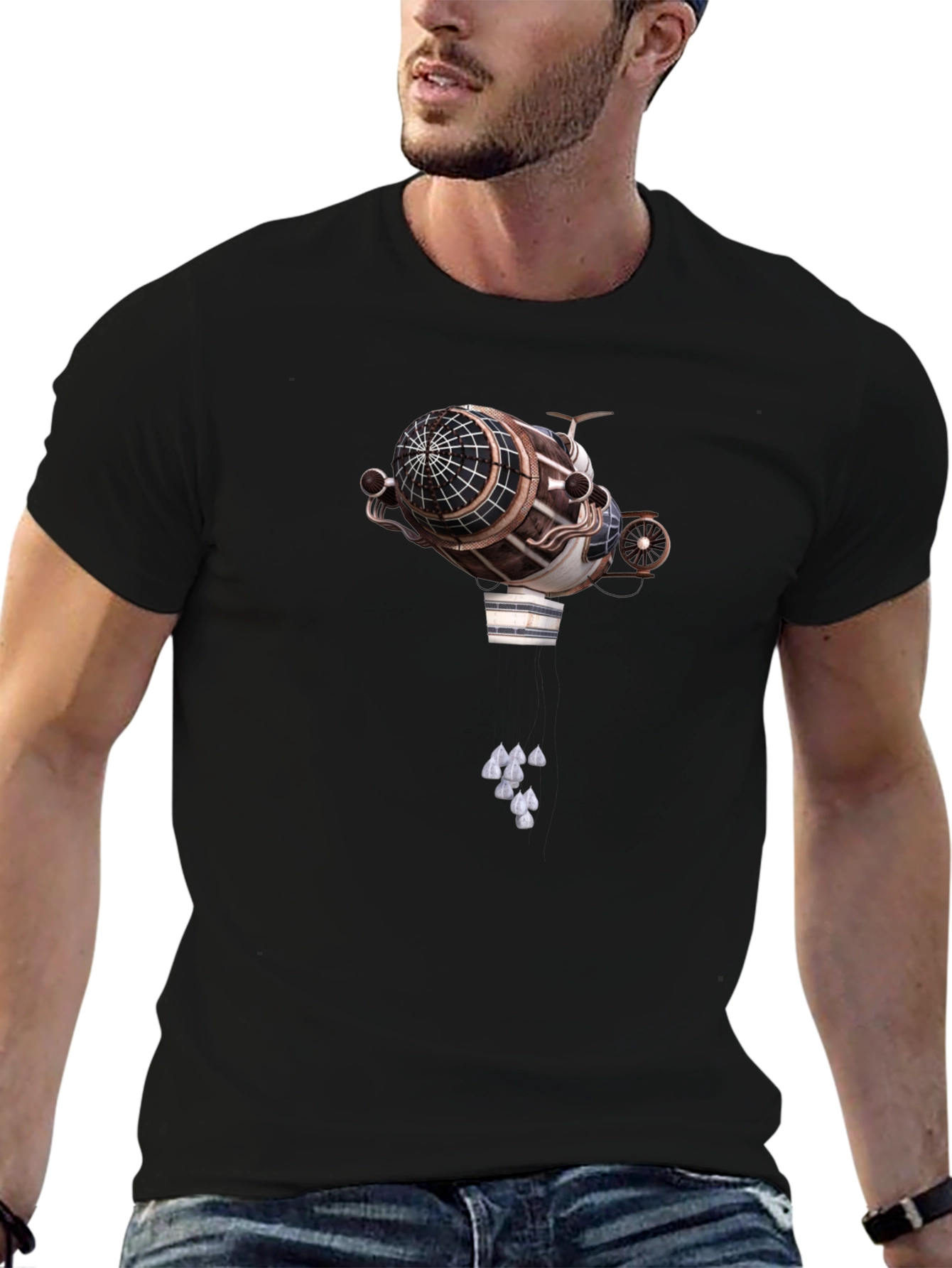 Steampunk Airship Graphic Tee - Black Cotton T-Shirt