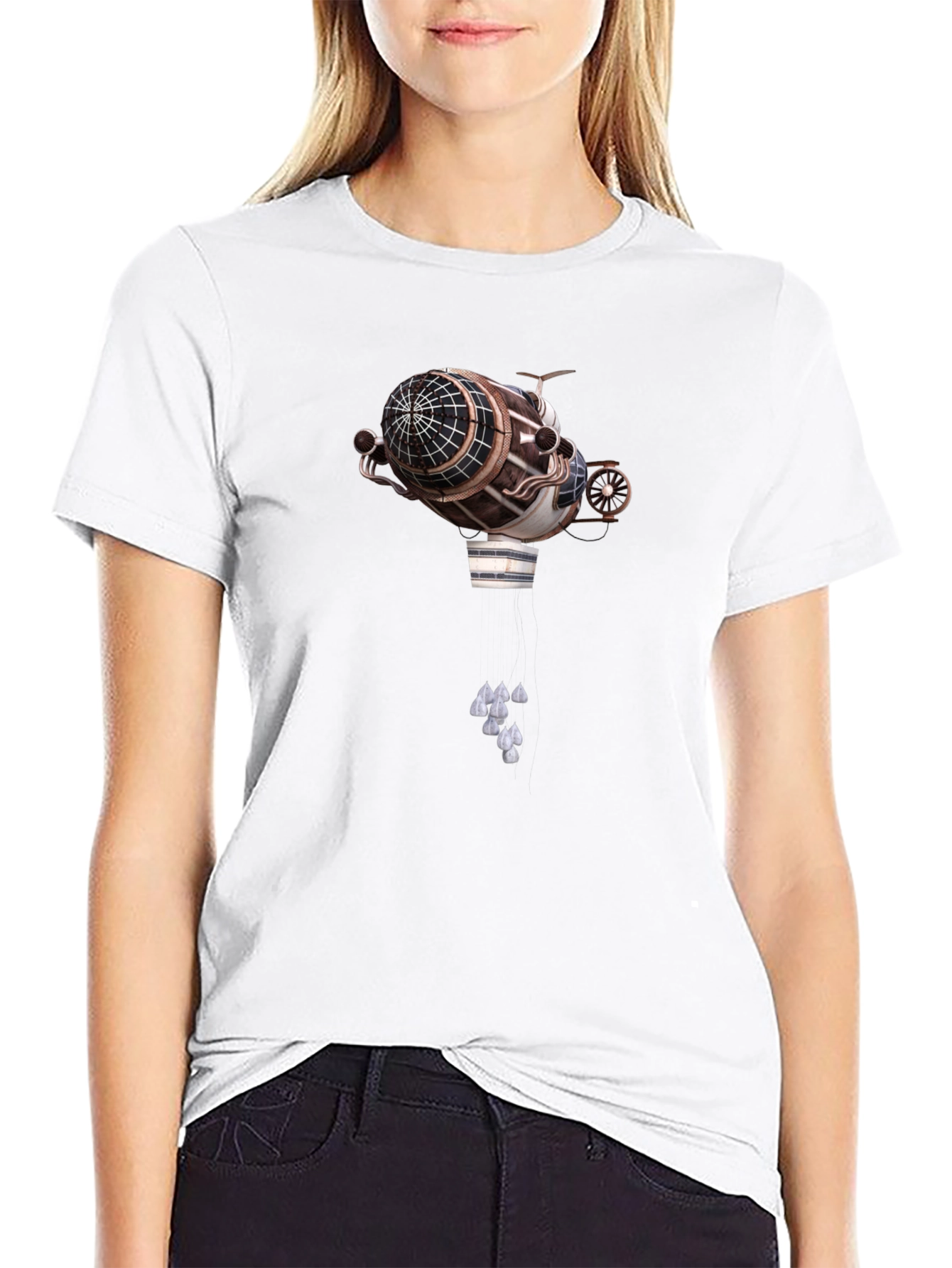 Steampunk Airship Graphic Tee - Black Cotton T-Shirt