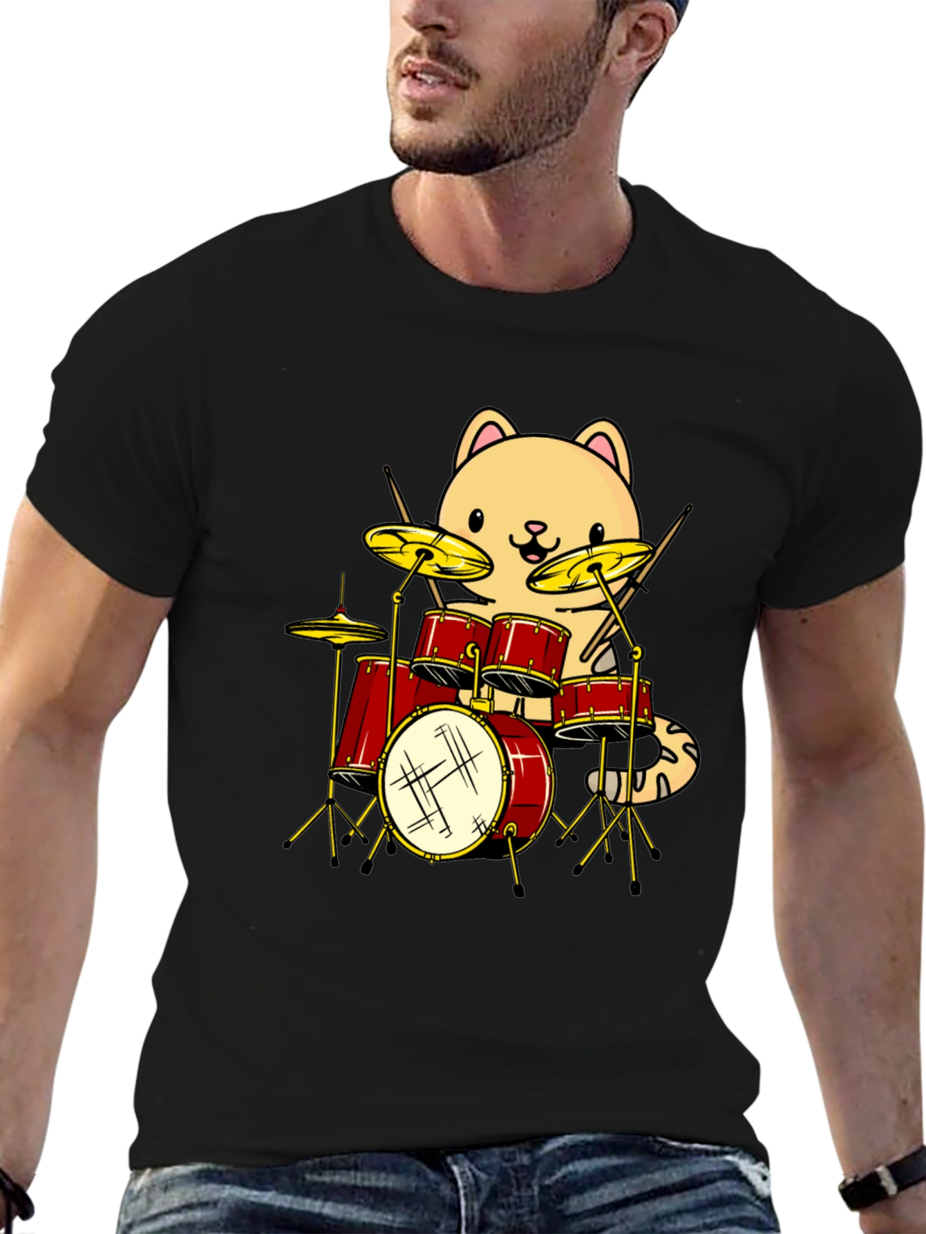 Cat Drummer Black T-Shirt - Funny Band Tee