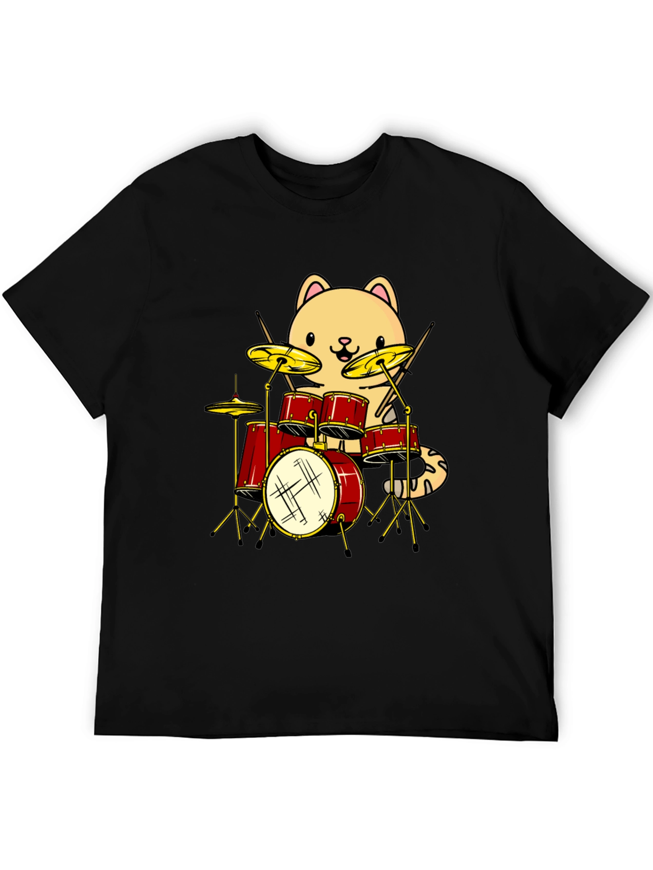 Cat Drummer Black T-Shirt - Funny Band Tee