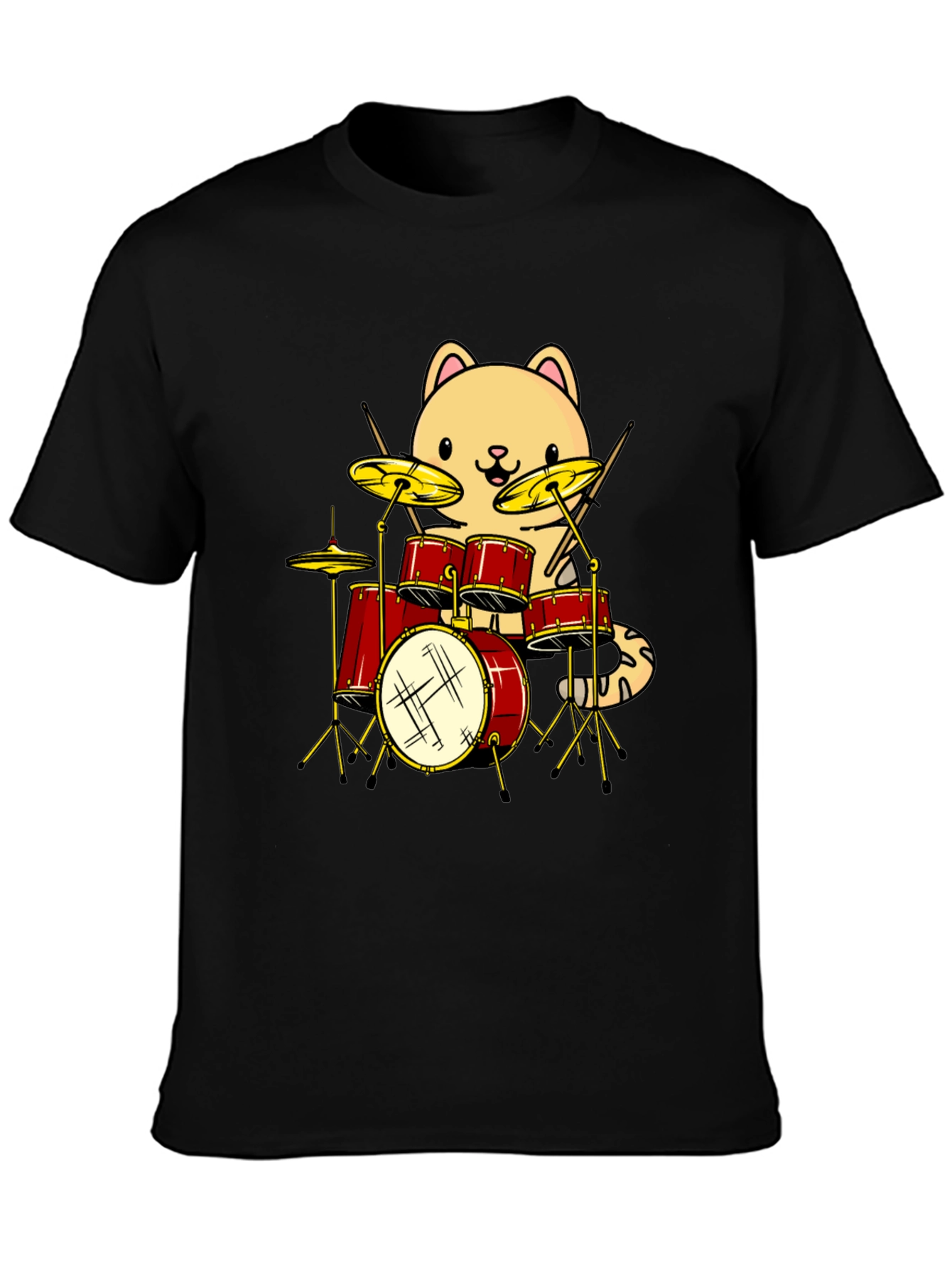 Cat Drummer Black T-Shirt - Funny Band Tee