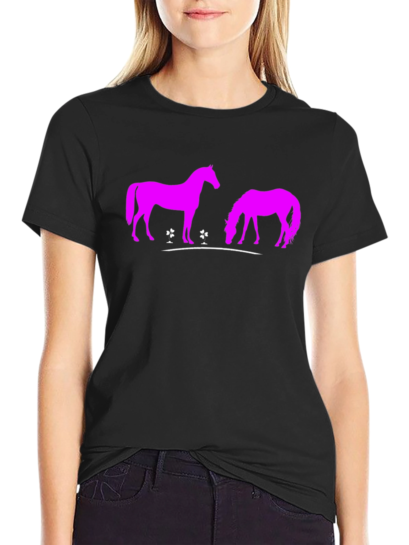 Black T-Shirt with Pink Horse Design