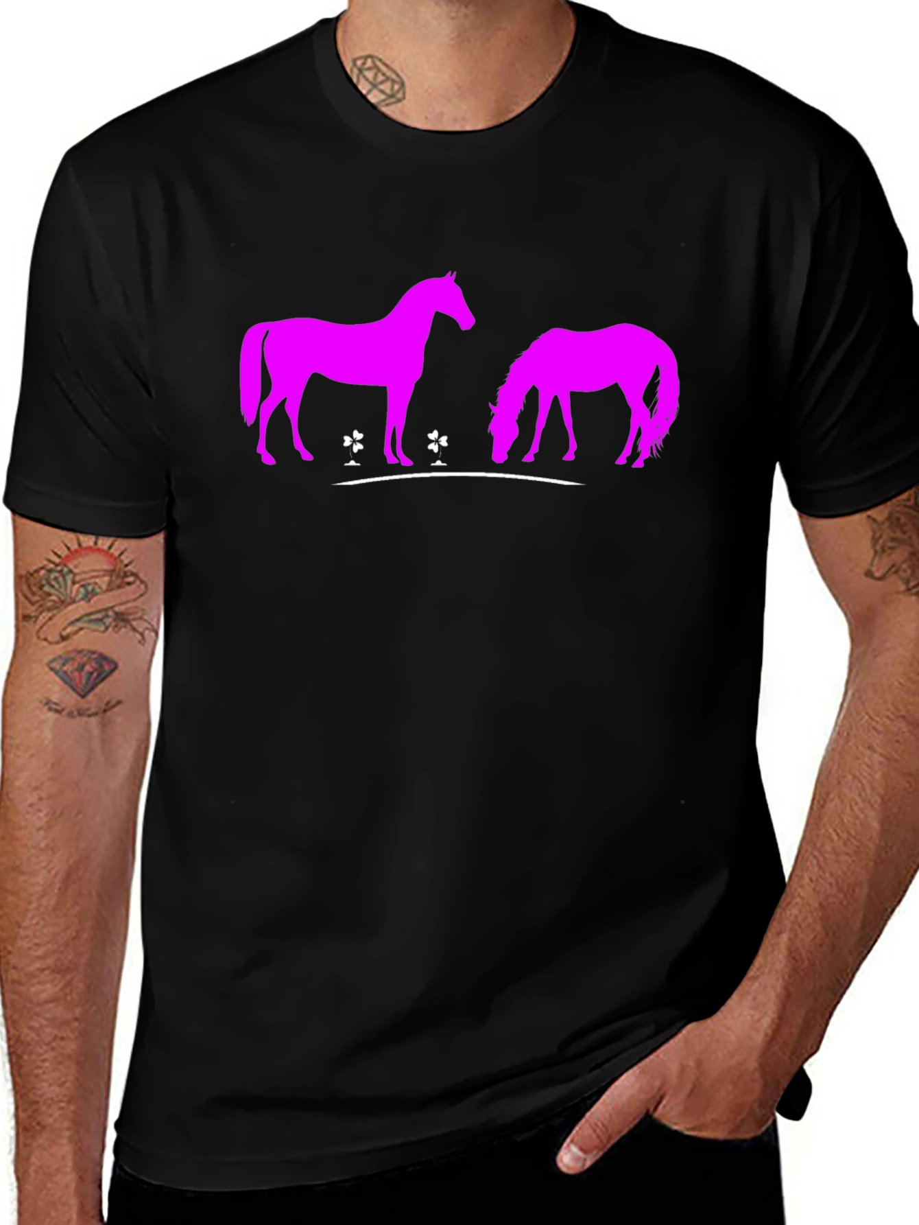 Black T-Shirt with Pink Horse Design