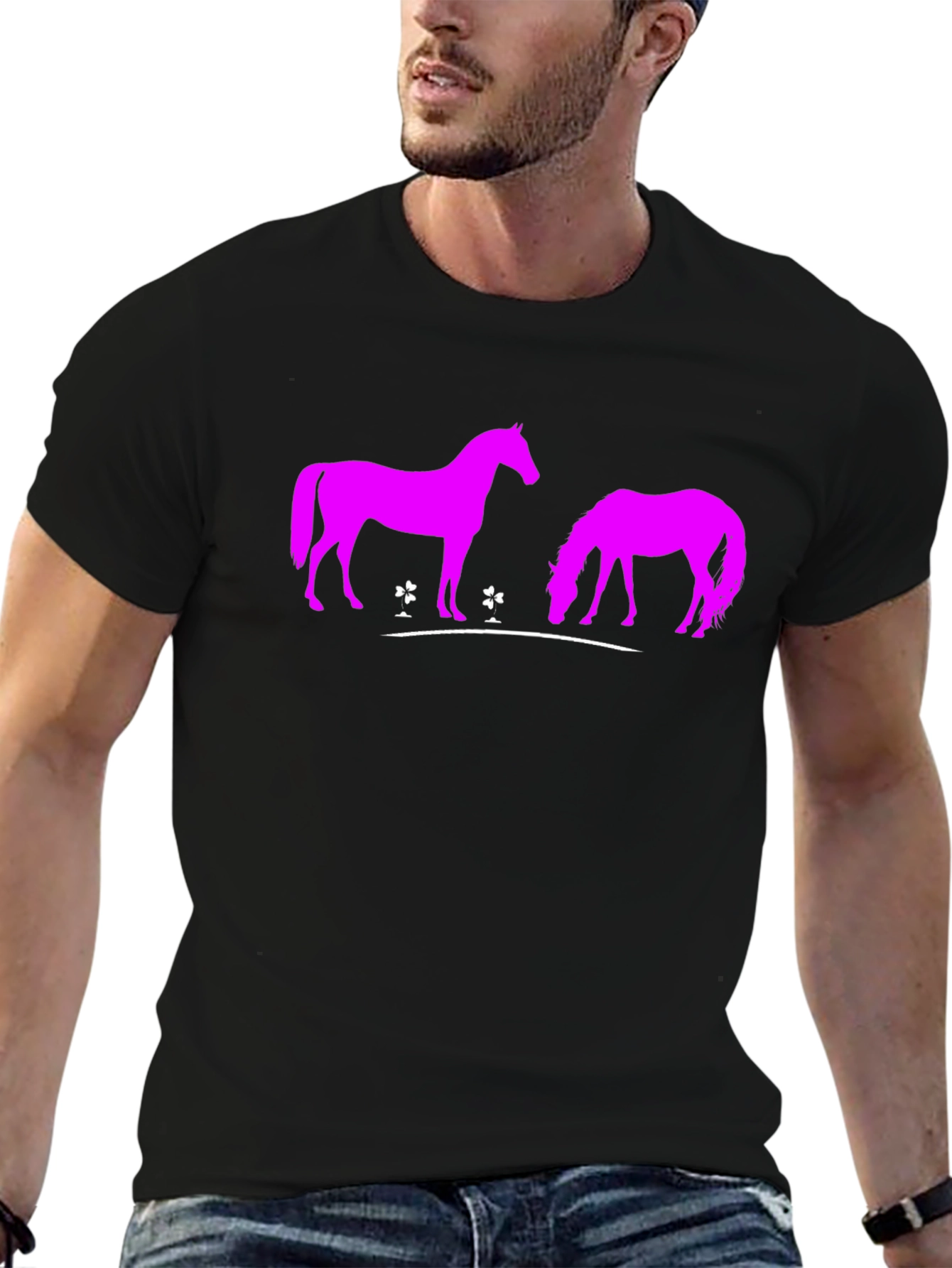 Black T-Shirt with Pink Horse Design