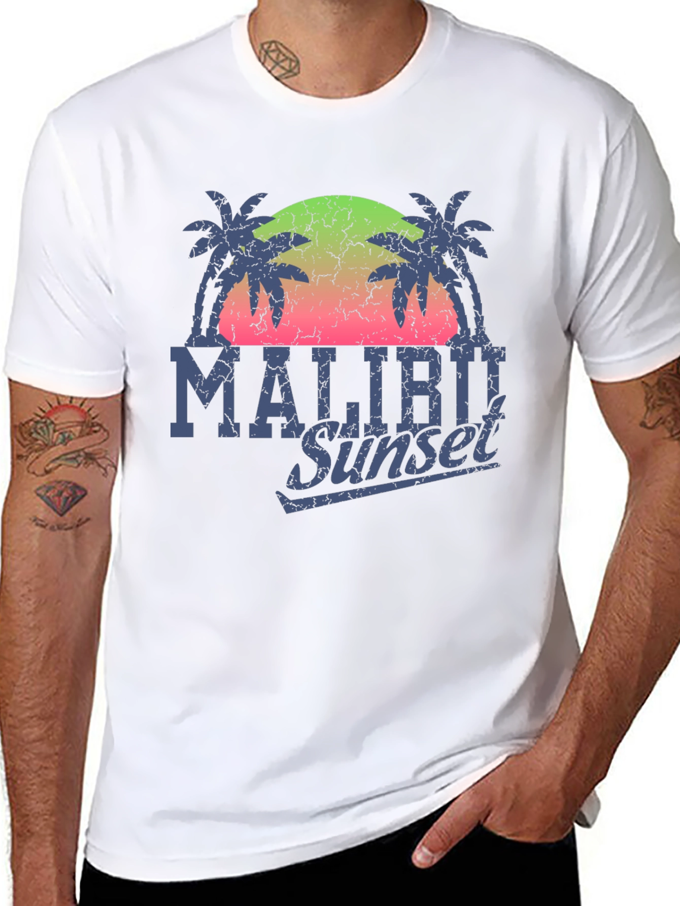 Malibu Sunset Graphic T-Shirt - Palm Tree Design