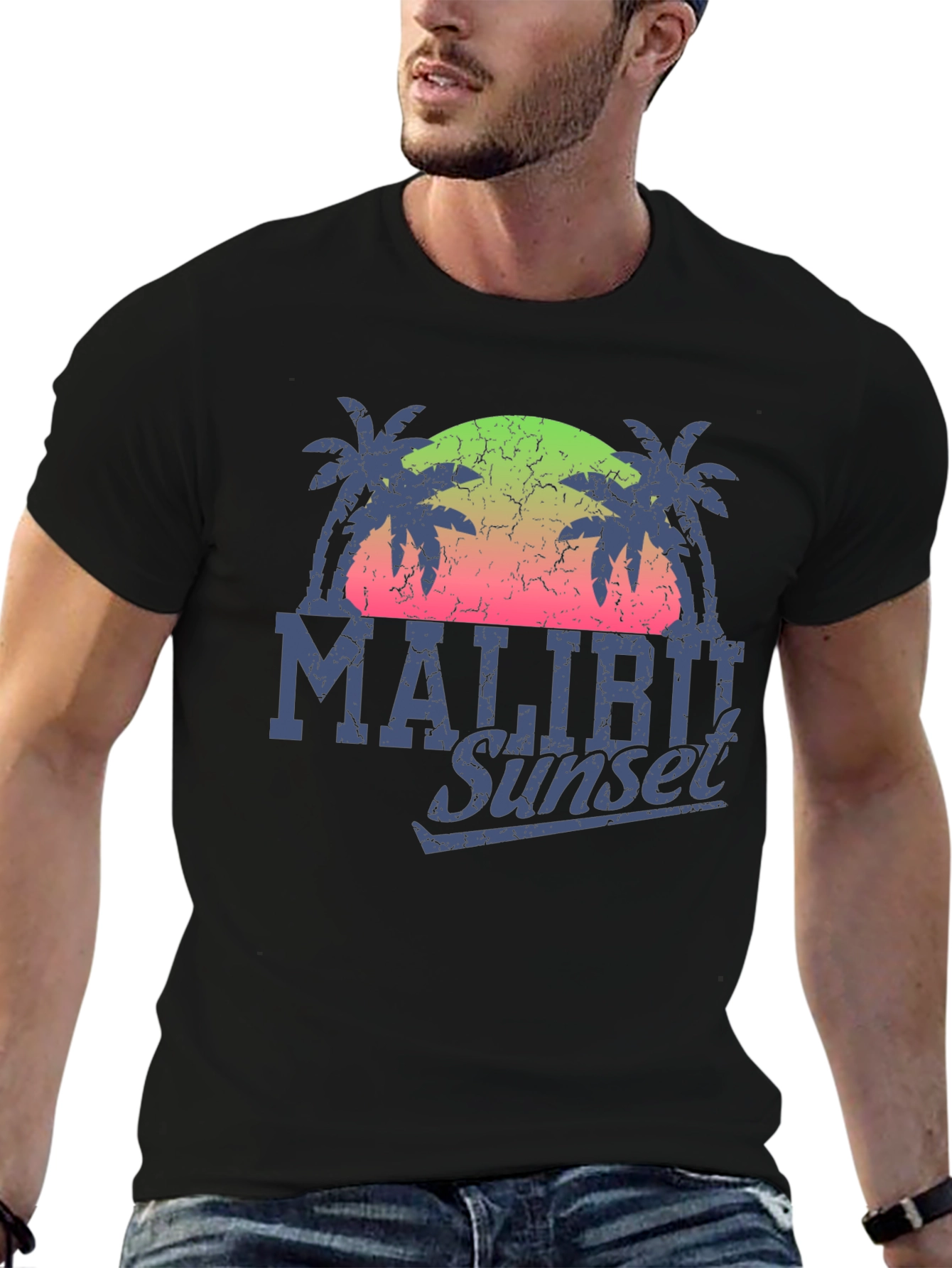 Malibu Sunset Graphic T-Shirt - Palm Tree Design