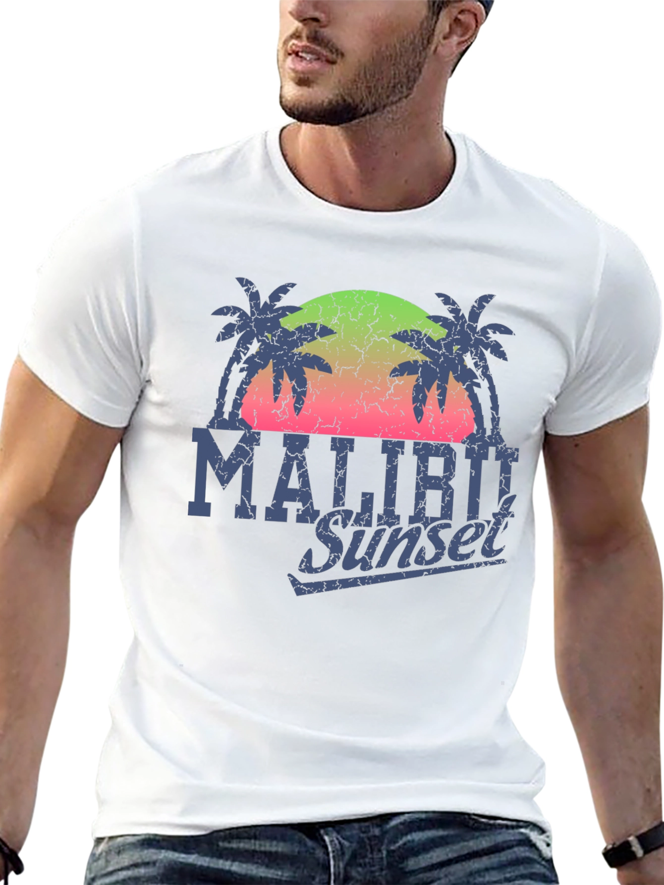 Malibu Sunset Graphic T-Shirt - Palm Tree Design