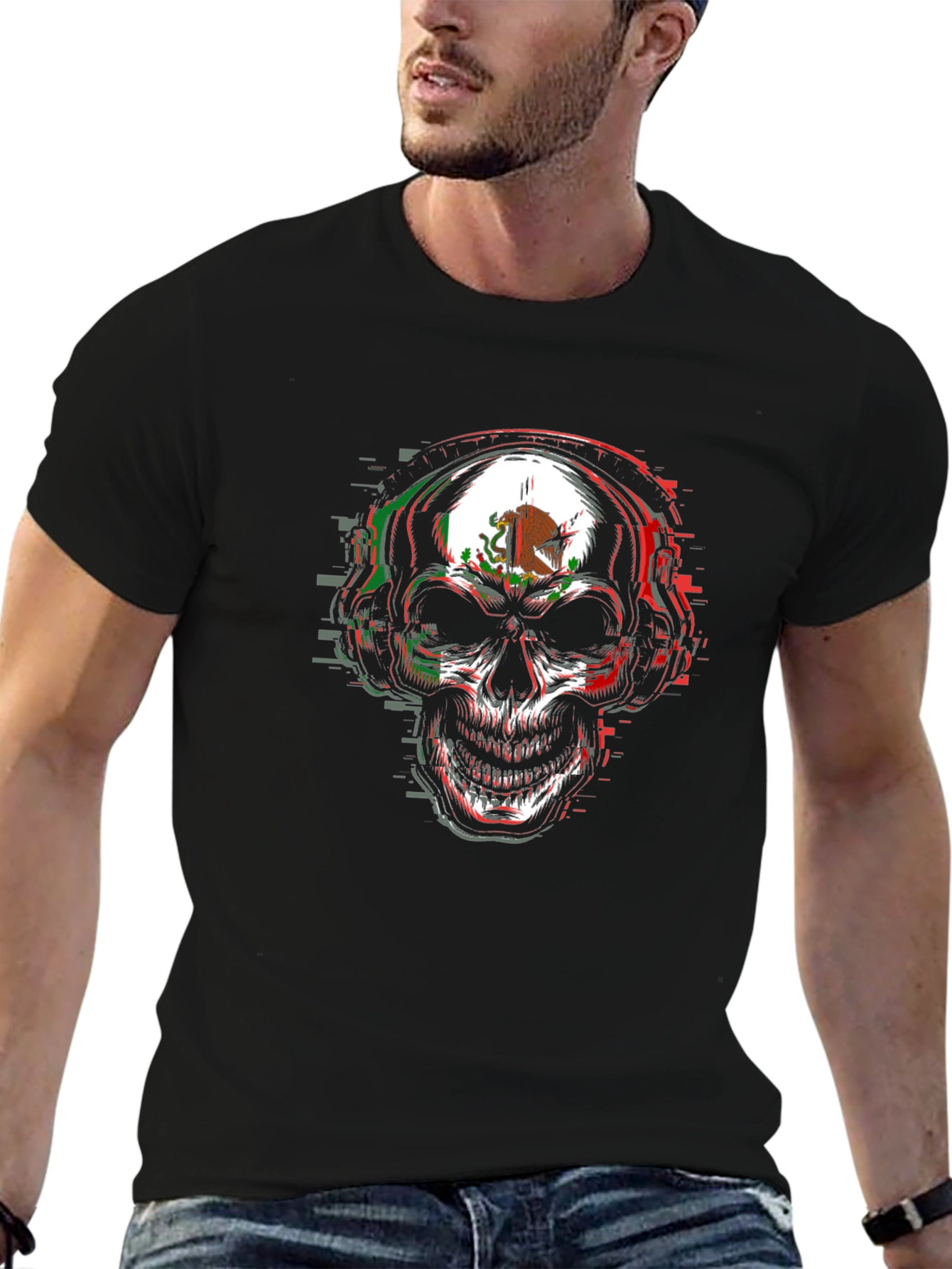 Mexican Flag Skull Graphic Tee - Mens Black T-Shirt
