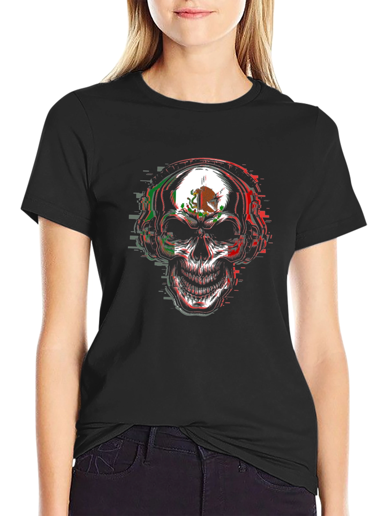 Mexican Flag Skull Graphic Tee - Mens Black T-Shirt
