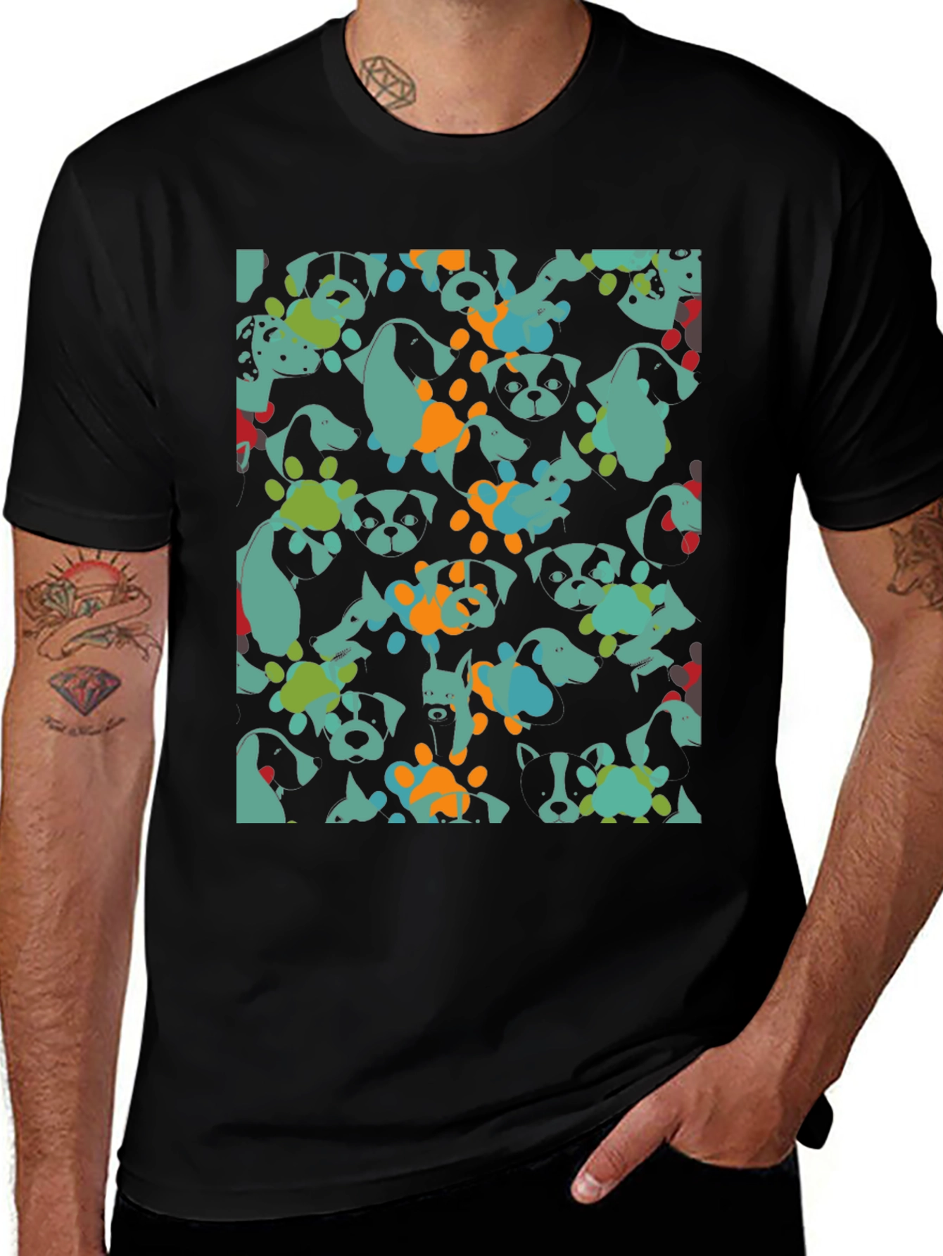 Dog Pattern Black Cotton T-Shirt